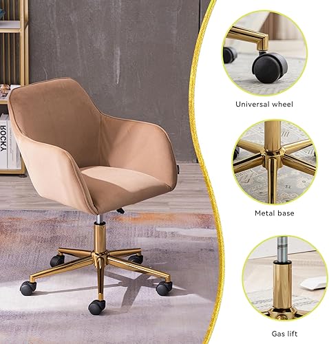 Miniatura 4 de Silla de oficina en casa de terciopelo, bonita silla giratoria de escritorio con ruedas, moderna silla de tocador ajustable con base dorada para