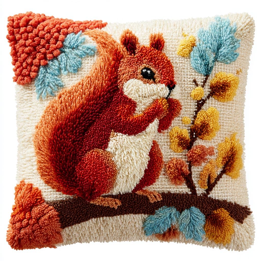 Taxpy Latch Hook Pillow Kits, Animal Squirrel Pre-Printed Latch Hook Rug Kits Cross-Stitch Embroidery Cushion Sofa Cushion Making Kits 43x43cm