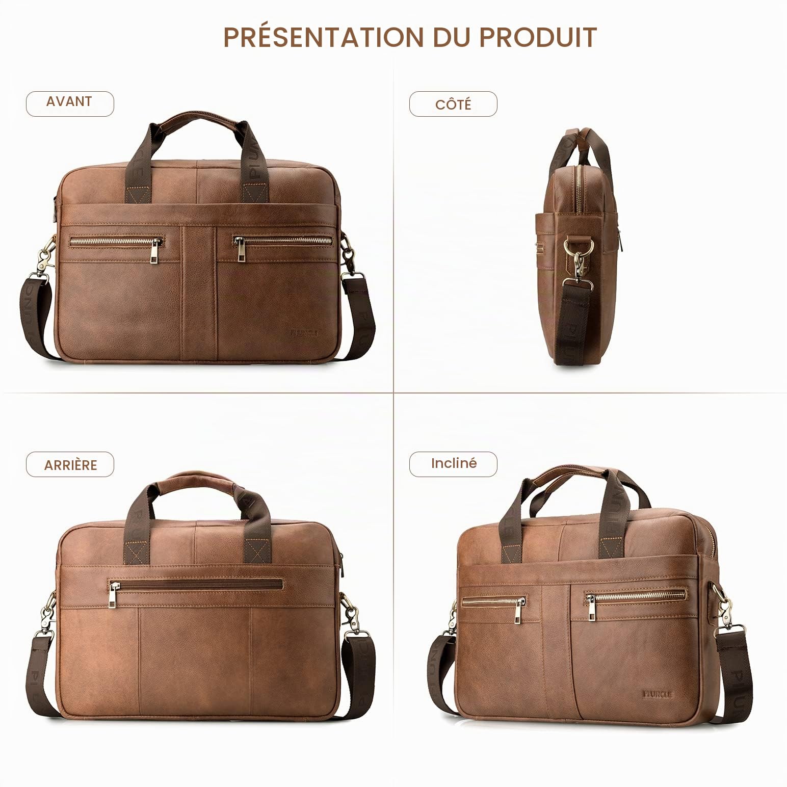 SPAHER Sacoche pour ordinateur portable 15,6" en cuir véritable - Sac à bandoulière pour homme