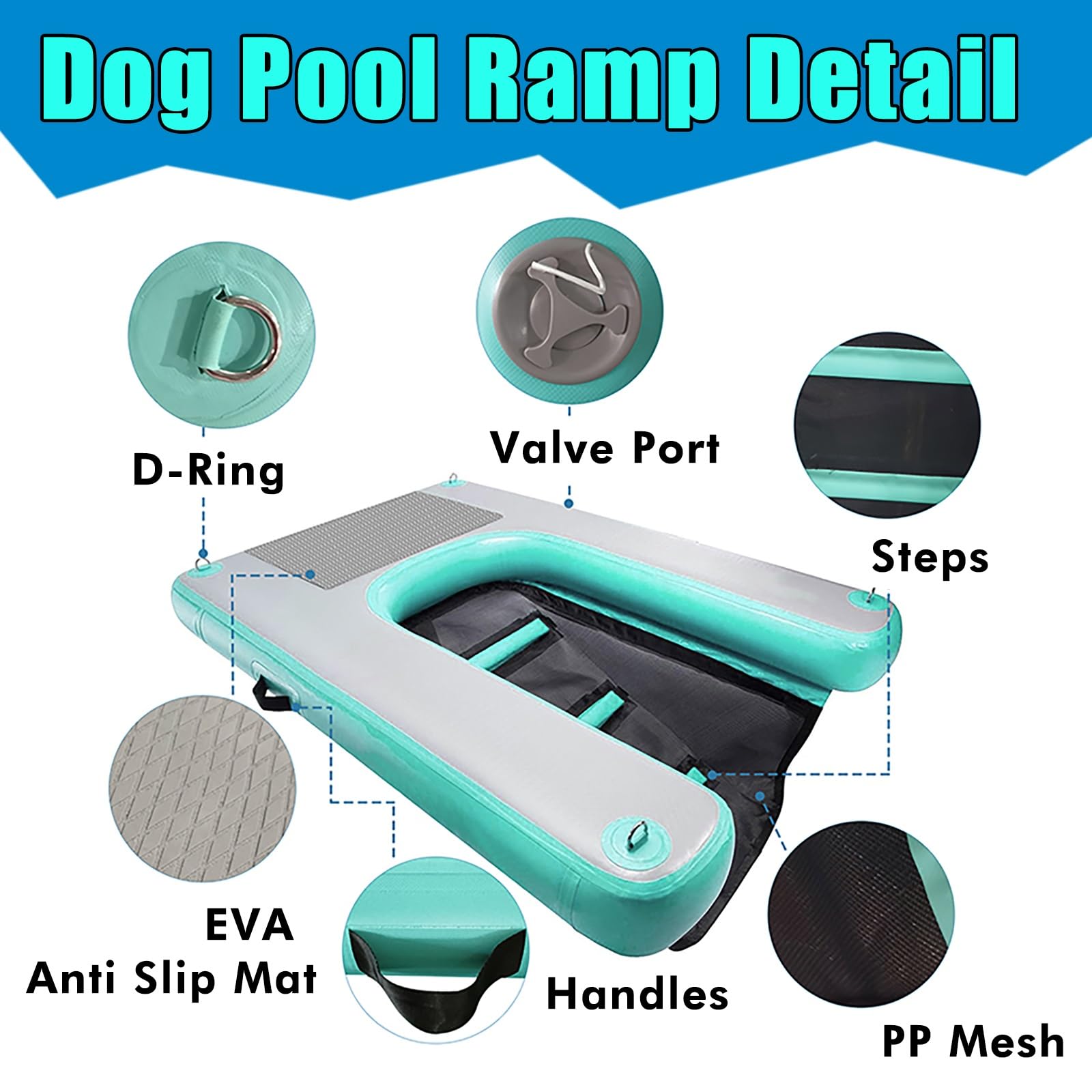 Rampa de Agua Para Perros Escalera de agua para perros con escalones 3D antideslizantes y bomba/kit de reparación, rampa flotante inflable para piscina/plataforma para perros en playas, muelles(Black,