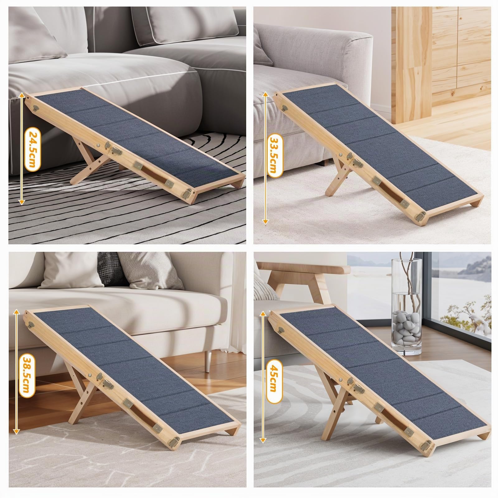 Hunderampe aus Holz, Hundetreppe 4 Stufen Verstellbar 24.5-45cm | Maximale Tragkraft 20 kg,mit Anti-Rutsch-Pad für Sofa Bett, Hunderampen Auto Klappbar für Mittelgroße Hunde, Kleine, Treppen