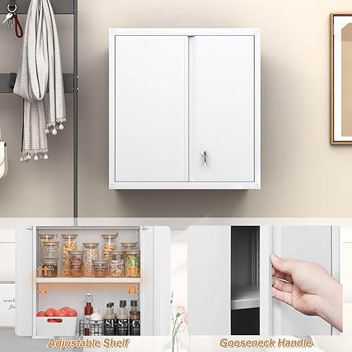 Miniatura 7 de GREATMEET Gabinete de almacenamiento de metal con cerradura y puertas, gabinete de almacenamiento de pared de acero para garaje, gabinete superior