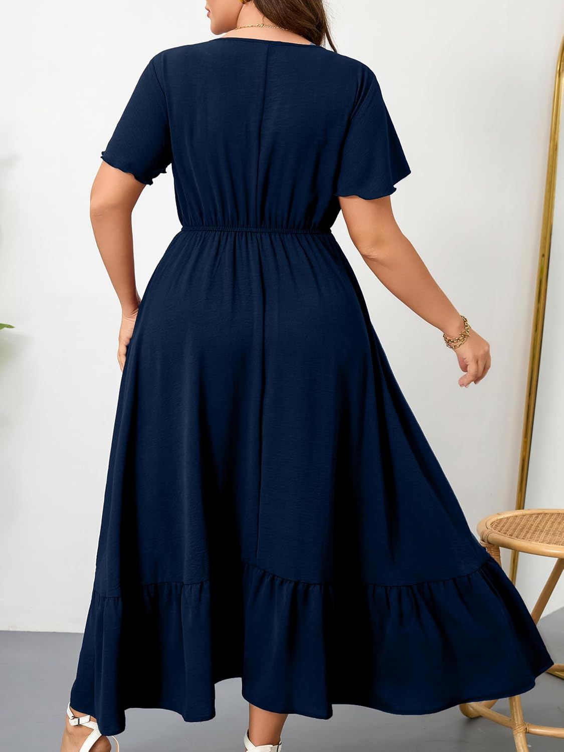 RWJ Women Plus Size Maxi Dress V Neck Short Sleeve Button Trim Split Flowy Tiered Casual Long Dresses 2025 L-3XL - Image 2
