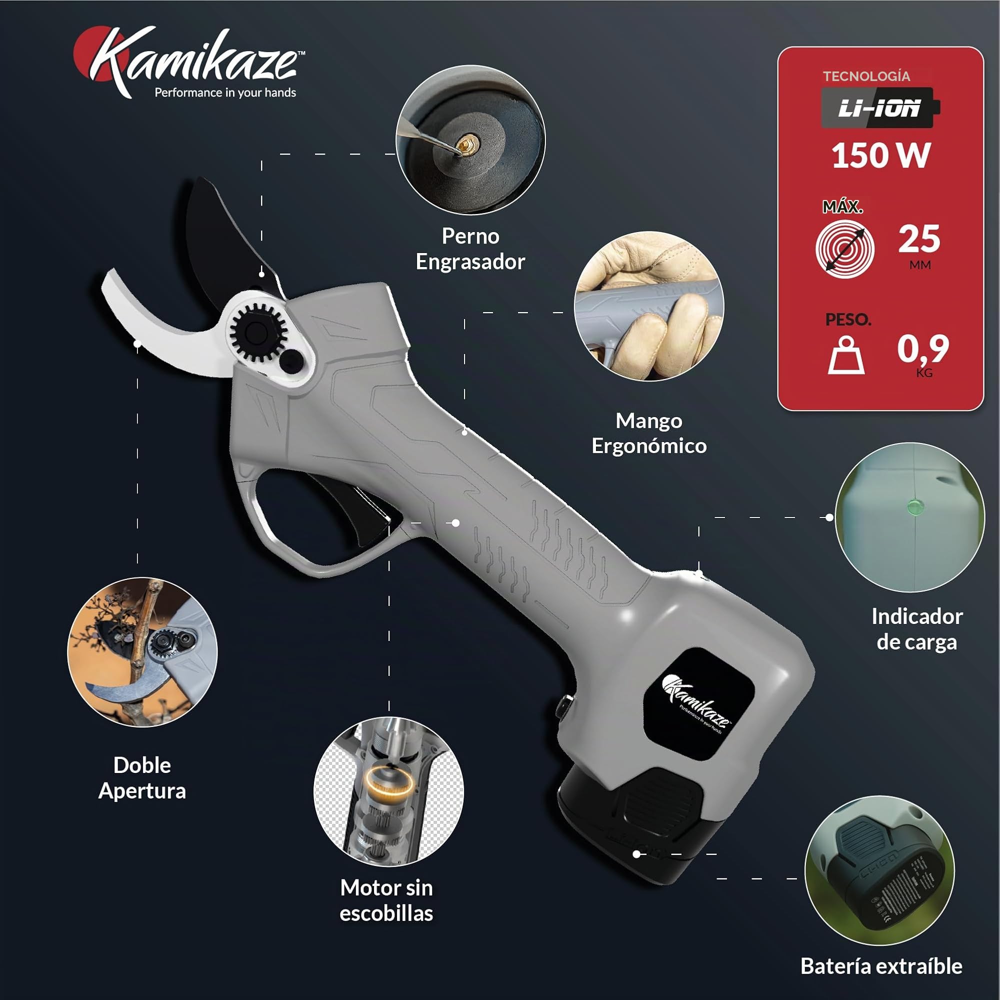 KAMIKAZE KV280 Tijera Eléctrica de Poda Inalámbrica 150W Corte Máximo Ø 25 mm Incluye 2 Baterías Litio de 14V con autonomía de 2500 cortes, Cargador y Kit de Herramientas Diseño Patentado.