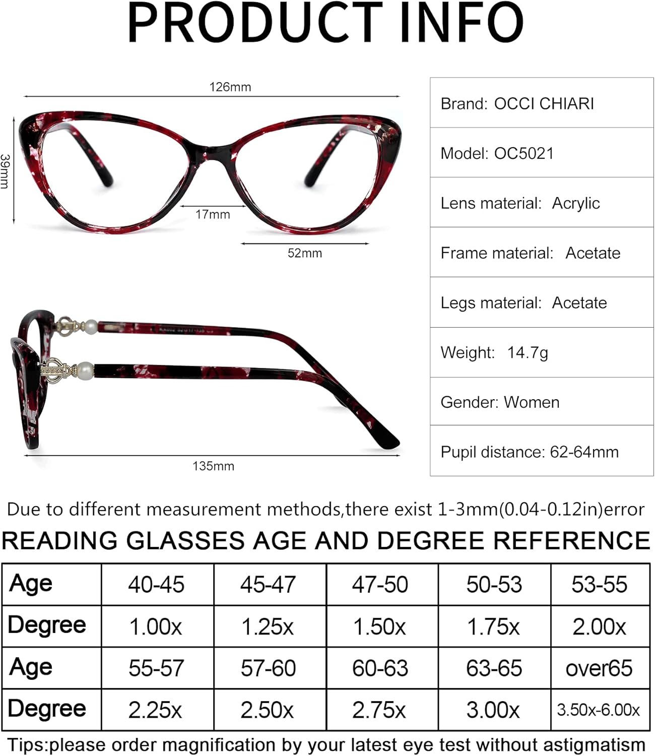 Amazing 🔥 OCCI CHIARI Anti Blue Light Reading Glasses Women's Reader Large Frame(1.0 1.5 2.0 2.5 3.0 3.5 4.0) UV400