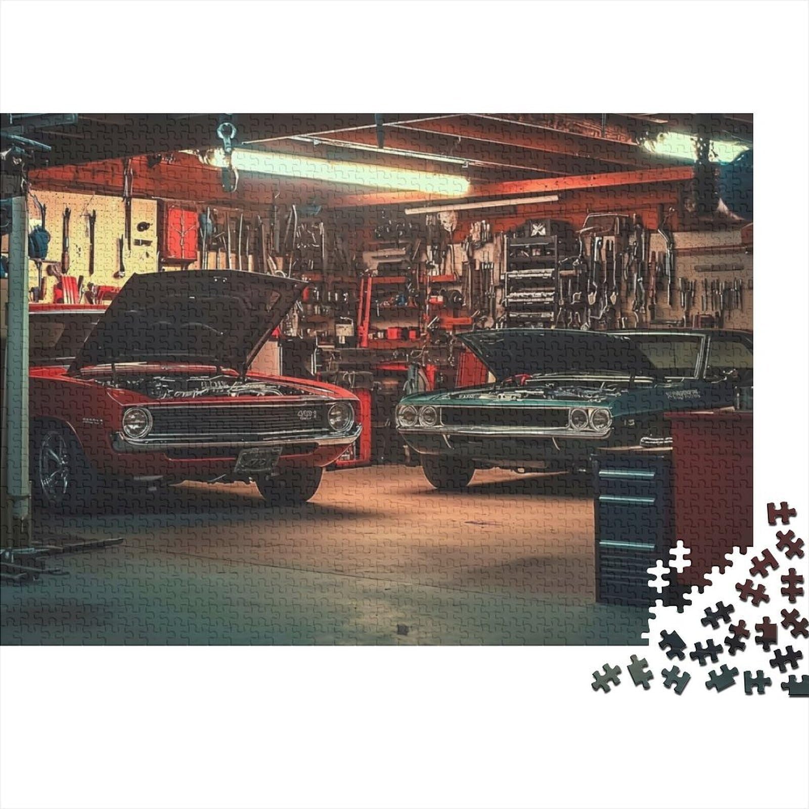 Classic Car Garage Jigsaw Puzzles 1000 Piece Challenge Toy for Adults, Impossible Jigsaw Puzzles 1000 Pieces Educational Game for Adults Or Families 38x26cm/1000pcs