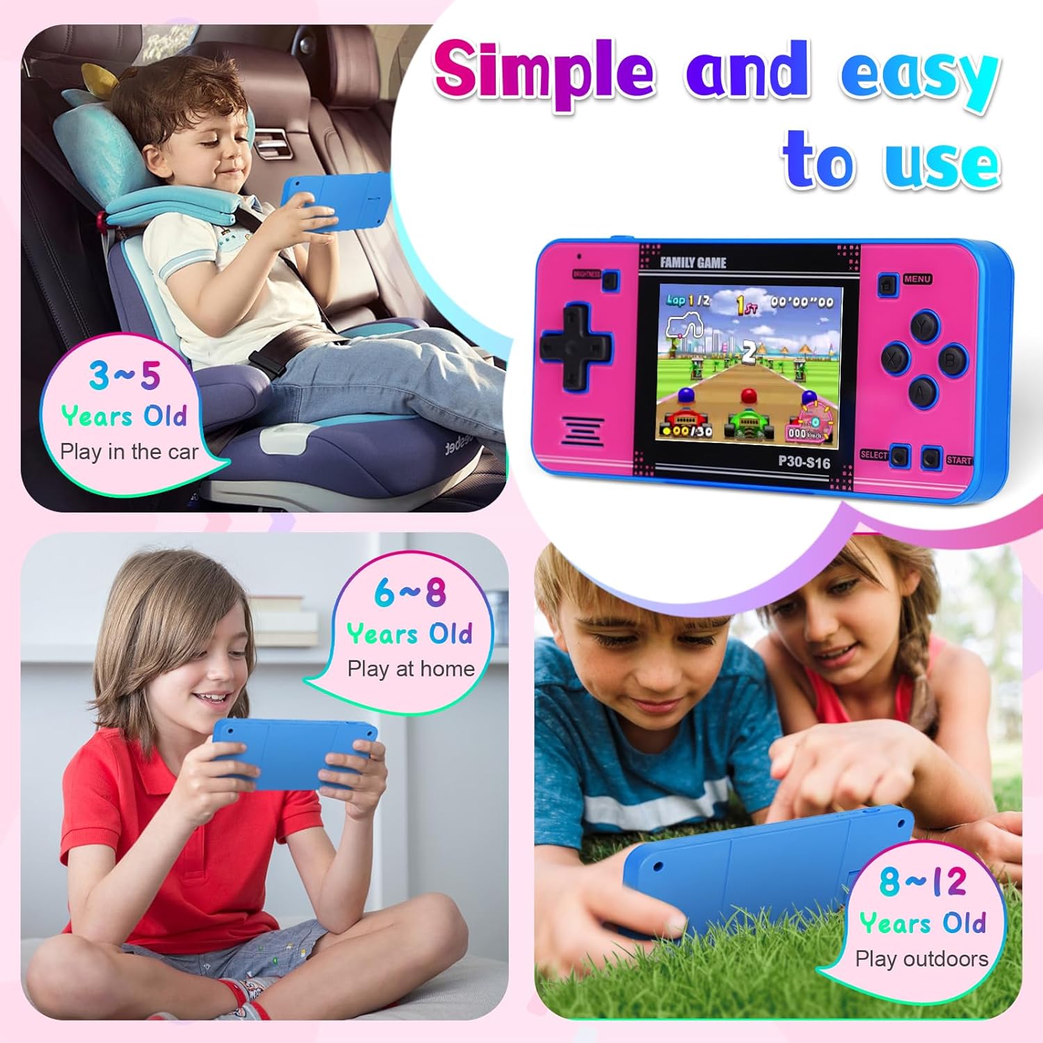 Handheld Game for Kids ，Built-in 220 32-bit Video Games, 3.0” IPS Screen, Rechargeable Portable Game , Travel Mini Arcade Electronic Toys Gift for Boys and Girls(Blue+Pink) - Image 5