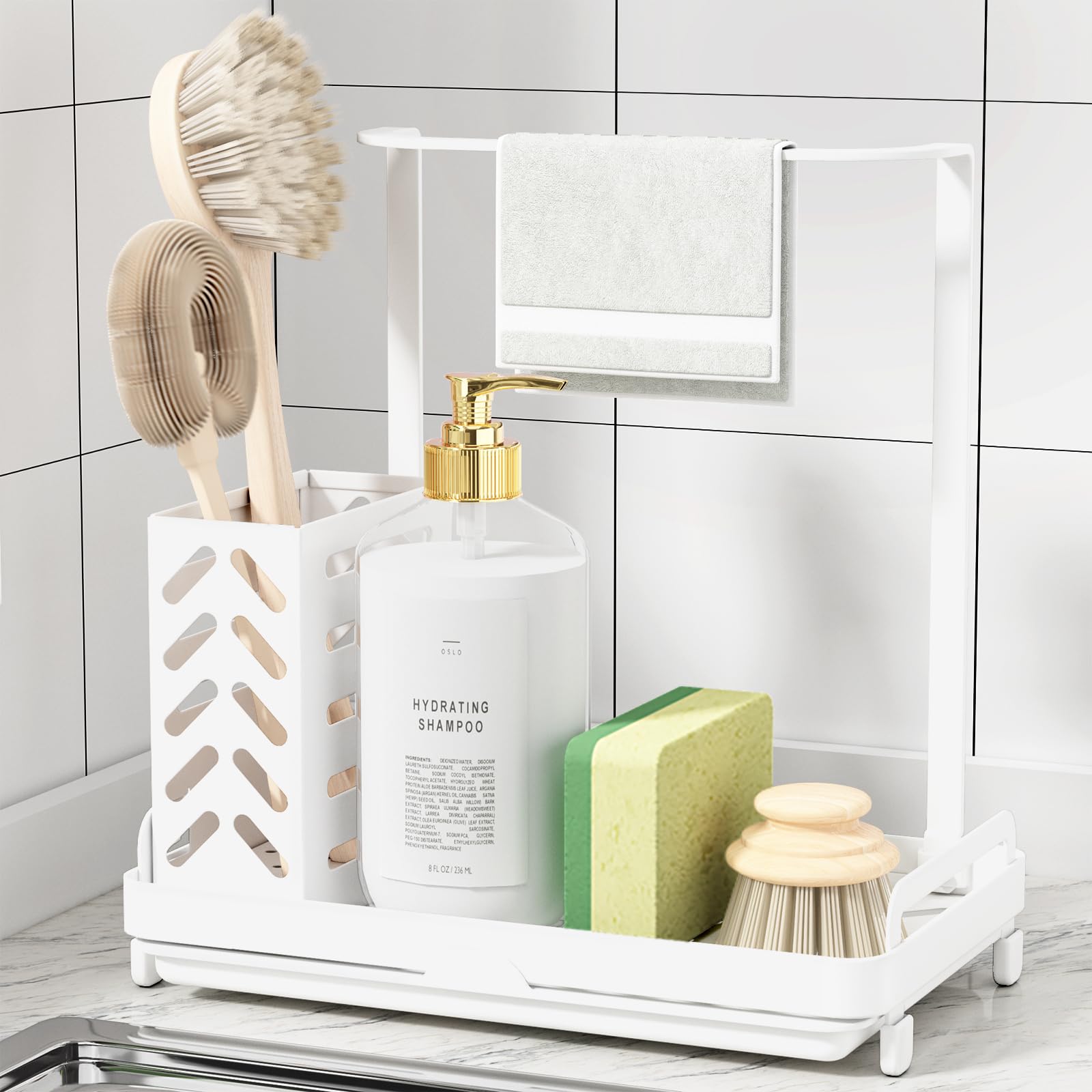 Kitsure Küchen Organizer - Spülbecken Organizer aus Edelstahl, Multifunktionaler Organizer Küchen mit abnehmbarer Auffangwanne, Schwammhalter Küche, Medium, Weiß