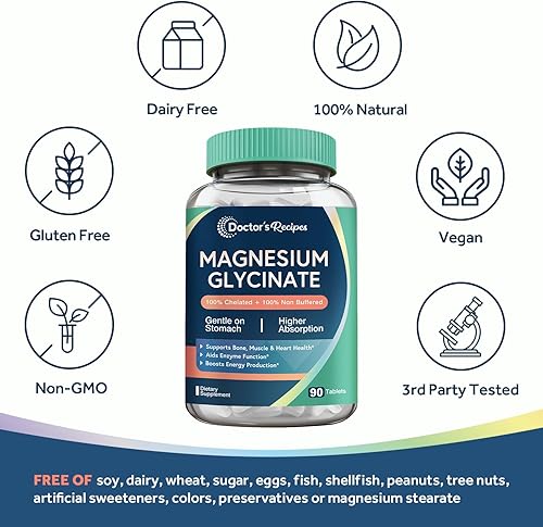 Miniatura 5 de Doctor's Recipes Glicinato de magnesio, magnesio quelatado con alta absorción y no tamponado, fácil para el estómago, sin gluten, hueso, músculo,