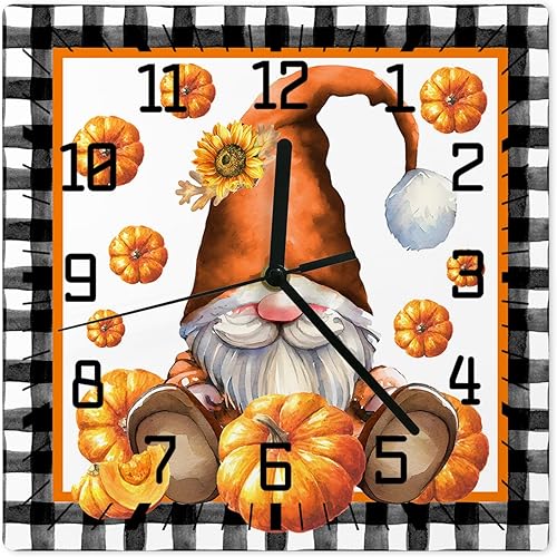 Thanksgiving Wooden Wall Clock Silent Non Ticking, Orange Pumpkin Gnomes Fall Black White Plaid Square Wall Clock Battery Operated, Decor Clock for