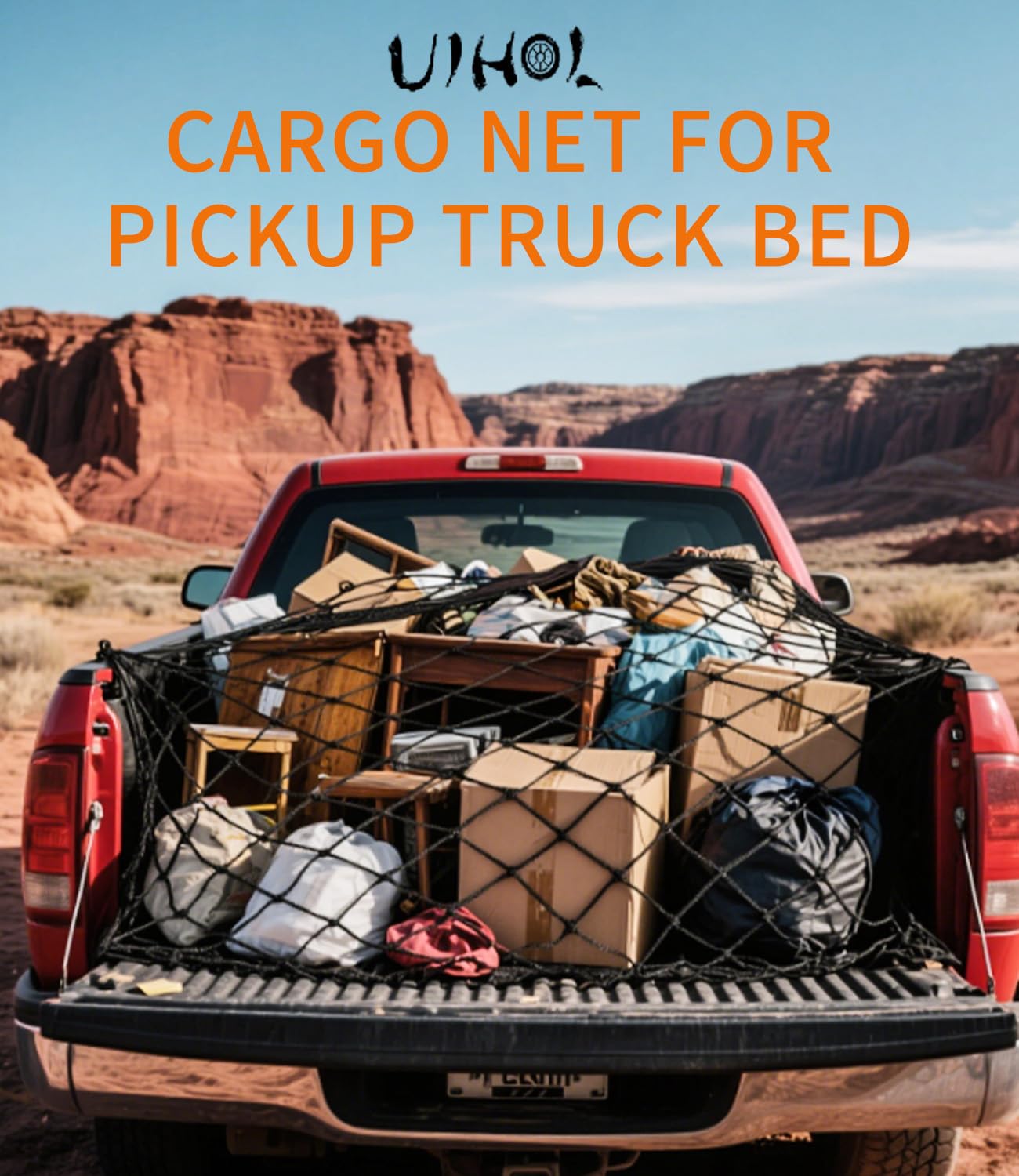 Siatka bagażowa na pickup i samochód, podwójnie rozciągliwa, 1,2 x 1,2 m do 2,3 x 2,3 m, z 6 stalowymi karabińczykami + 4 hakami ABS, do ATV, SUV, UTV, łodzi