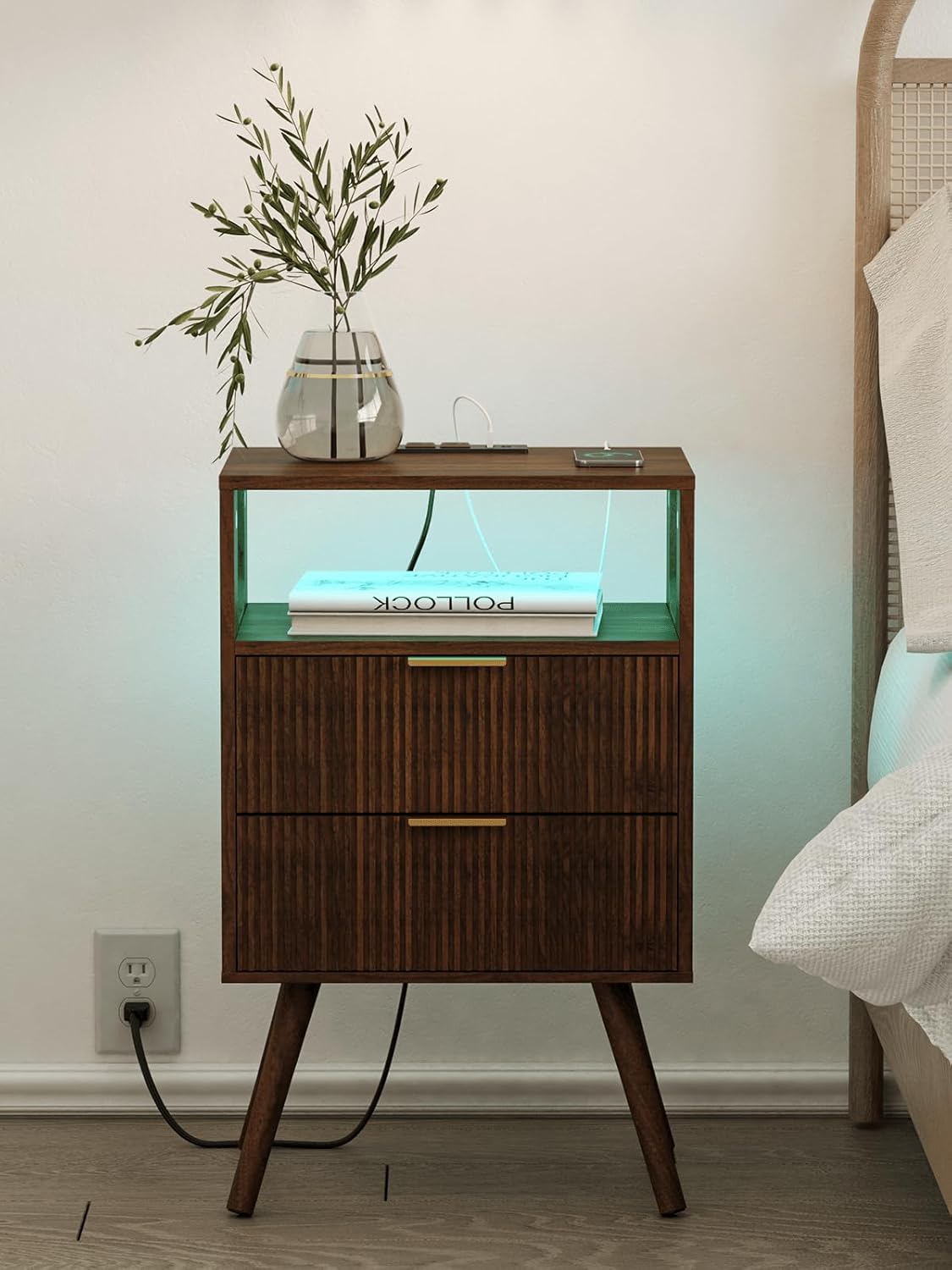 Nightstand with Charging Station and LED Lights, Modern Bedside Table with 2 Storage Drawer and Open Wood Shelf for Bedroom and Small Spaces, Night Stand with Solid Wood Legs - Image 8