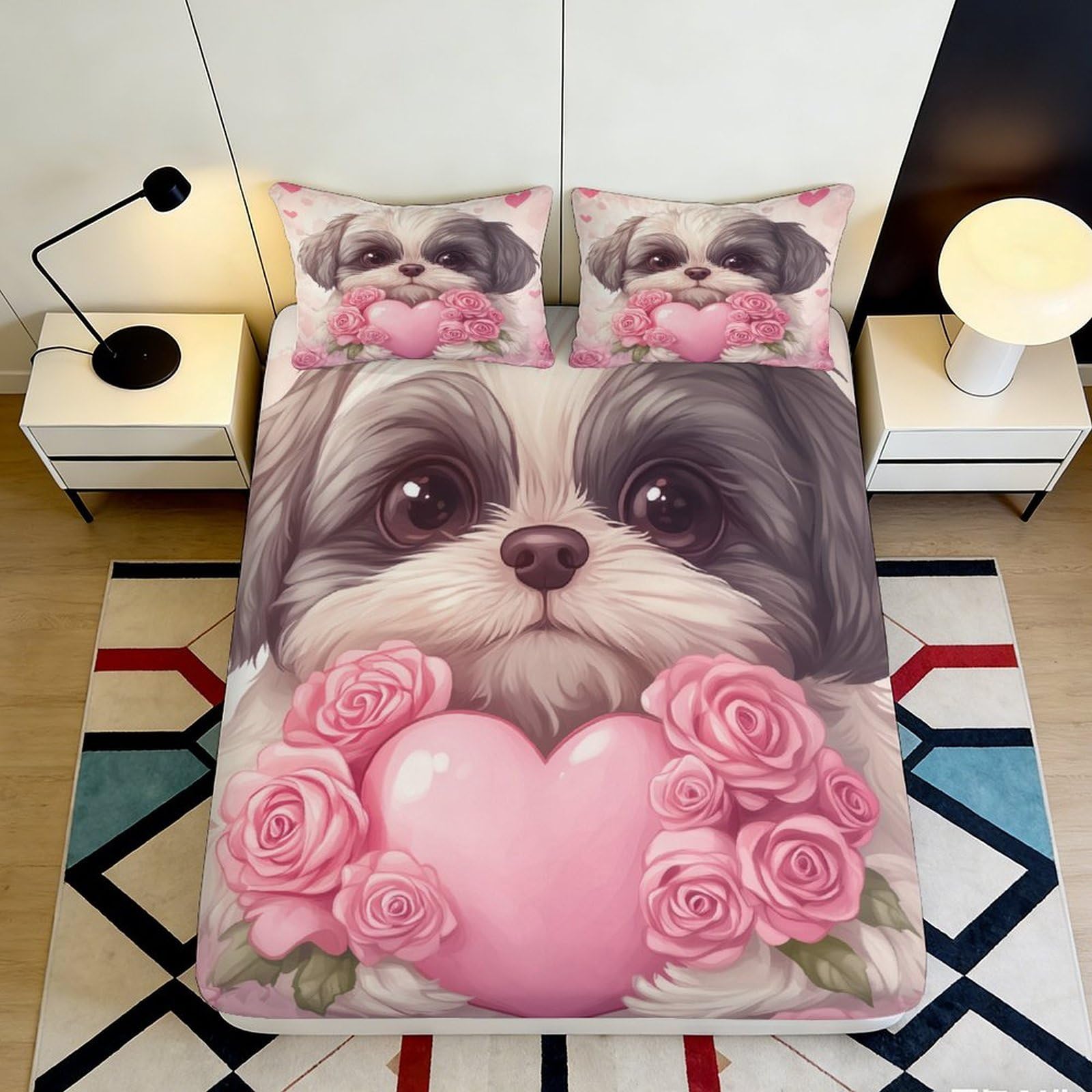 Jqzkxnhpbr Style-2 3D Printed Puppy With Pink Roses Fitted Sheet Microfiber Bed Cover For Bedroom Guest Room Mattress Decor 90X200x25cm