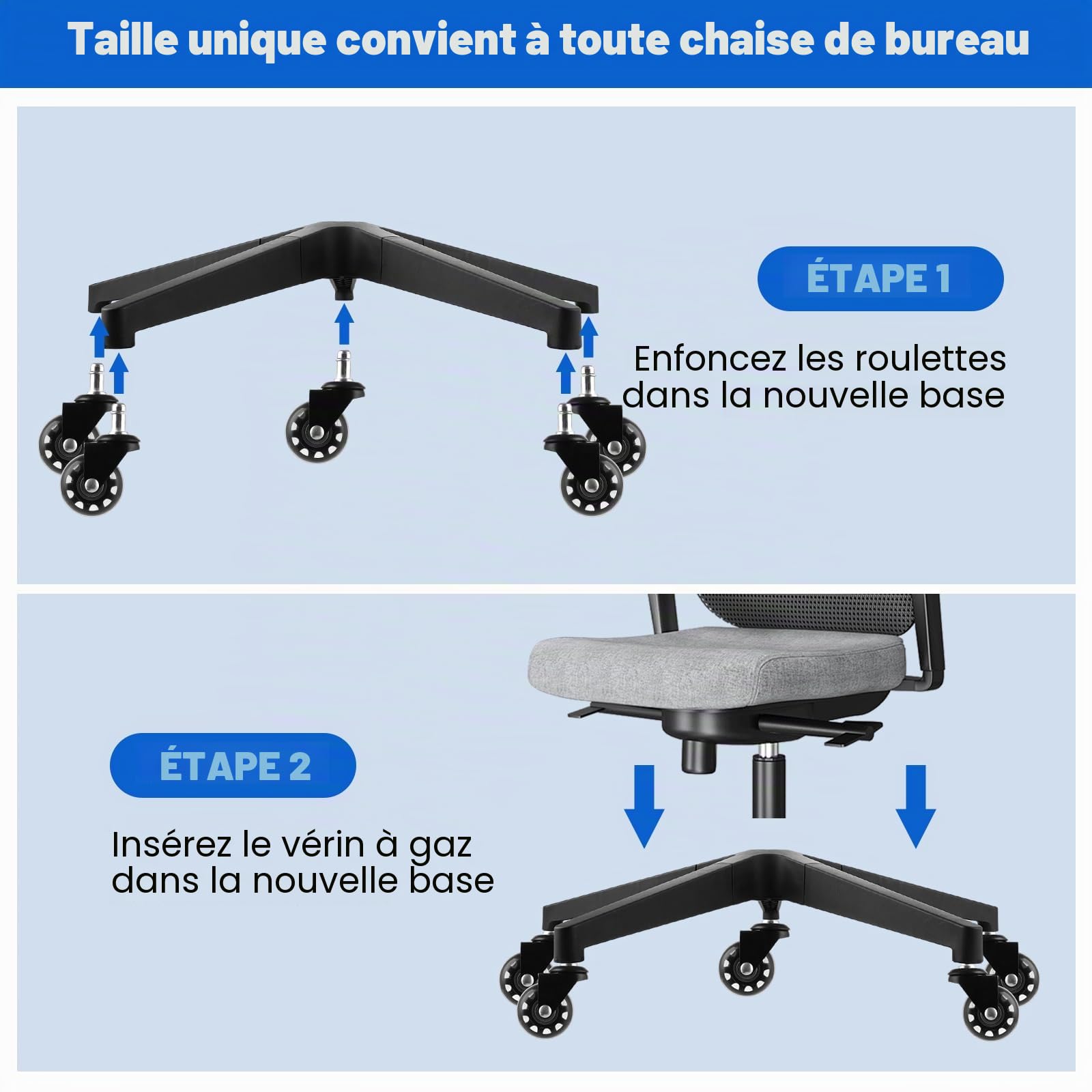 DAJAVE Chaise de bureau en forme de croix de 200 kg, en métal, diamètre 70 cm, universelle, pour roues de 11 mm x 22 mm et ressort à gaz de 50 mm, durable, stable, avec base en métal noir