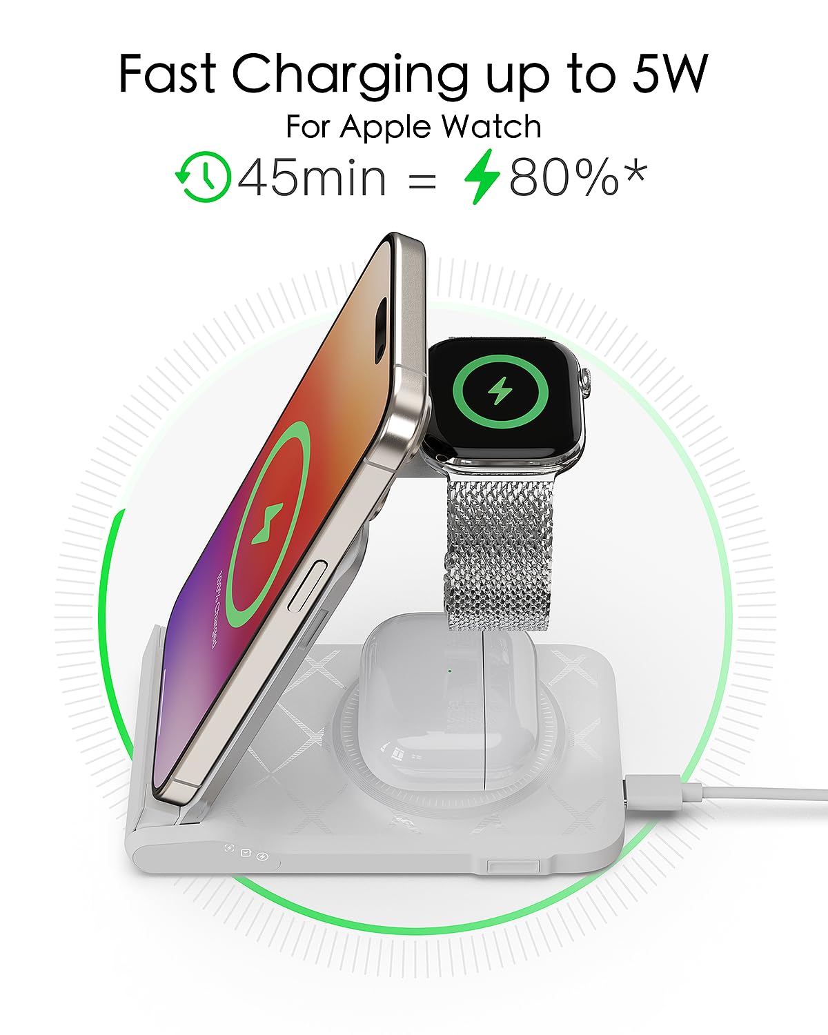 3-in-1-Ladestation für mehrere Geräte, kabellose Reise-Ladestation, faltbares Ladegerät für iPhone 16/15/14/13/12/SE/11/X/8 Serie, Android-Handy, AirPods und iWatch (USB-C-Adapter im Lieferumfang