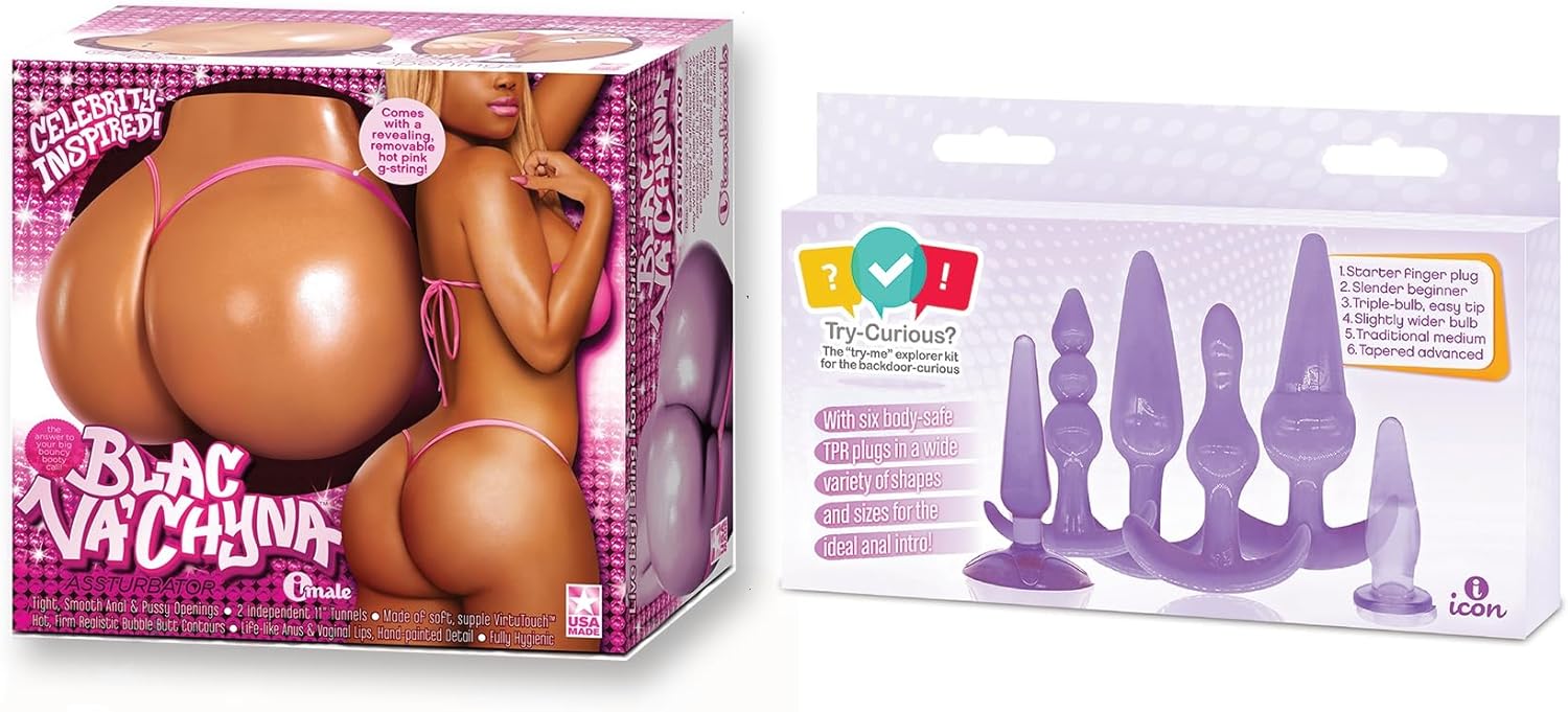 Sex Toy Couples kit of The Blac VaChyna Assturbator and Icon Brands Try-Curious Anal Plug 6 Piece Kit Purple