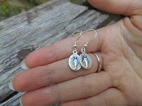 Miniatura 6 de Pendientes de medalla milagrosa, medalla milagrosa latina de media pulgada, aretes de Nuestra Señora de Gracia, aretes de gancho de plata esterlina,