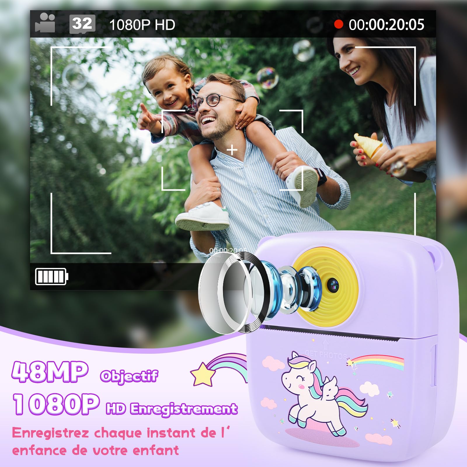 Aparat natychmiastowy dla dzieci, aparat natychmiastowy 48 MP dla dzieci z kartą 32 GB i papierem do drukowania, aparat cyfrowy dla dzieci 1080P, prezent dla chłopców - fioletowy
