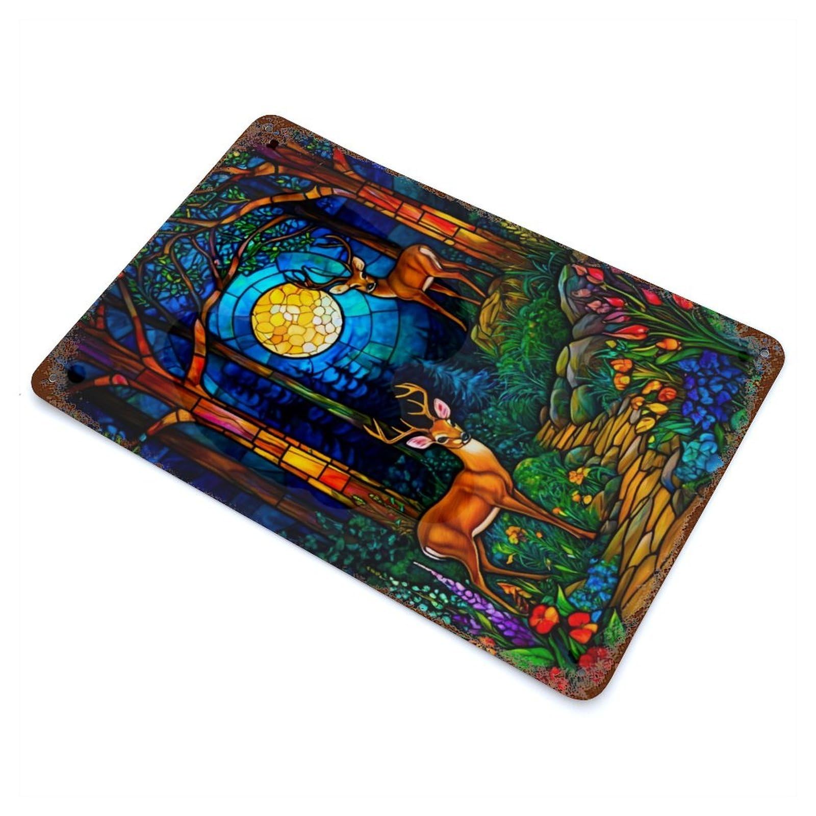 Stained Glass Forest Aged Metal Wall Plaque 11.8"x7.9", Farmhouse Wall Decor for Office, Studio And Wall Decor