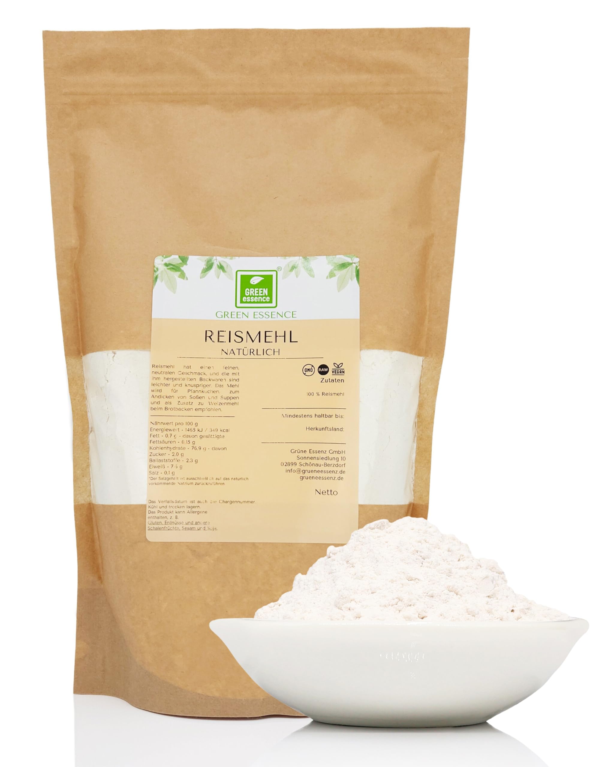 Fein Gemahlenes Reismehl 1Kg von der Grüne Essenz Reismehl aus Weißreis ideal für und Reispudding für Omeletten und Pfannkuchen aus Reis Fein Naturbelassen Reispulver (1 Kg)