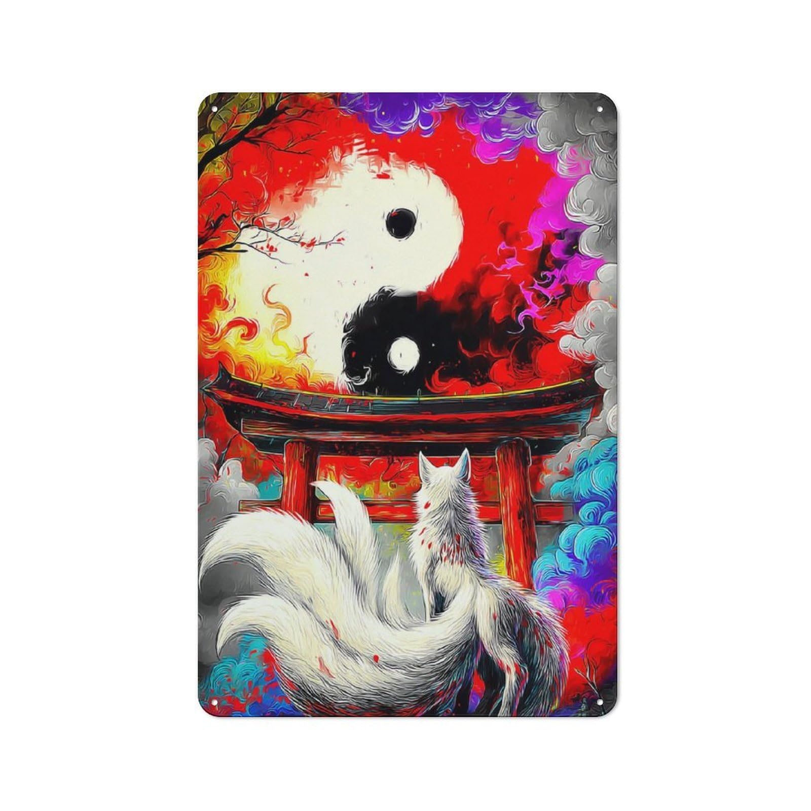 Yin-Yang Gate Mystic Fox Encounter Cafe Style Metal Wall Decor 30x20cm, Vintage Metal Sign for Coffee Bar, Small Shop Or Dining Room