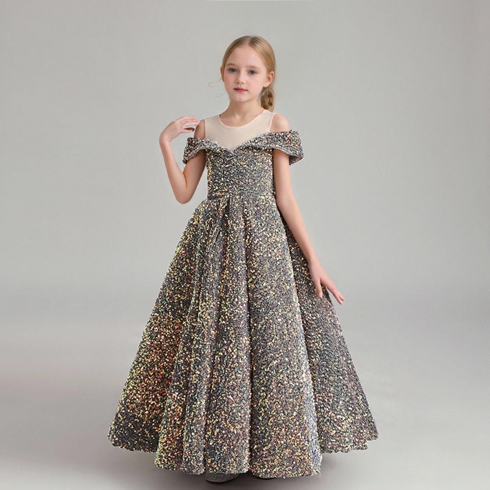 Mädchen Kleid Festlich Sommer Ärmellos Glitzer Pailletten Schulterfrei Prinzessin Kleider Kinder A-Linie Abschlusskleid Hochzeit Blumenmädchenkleider Geburtstag Abendkleider