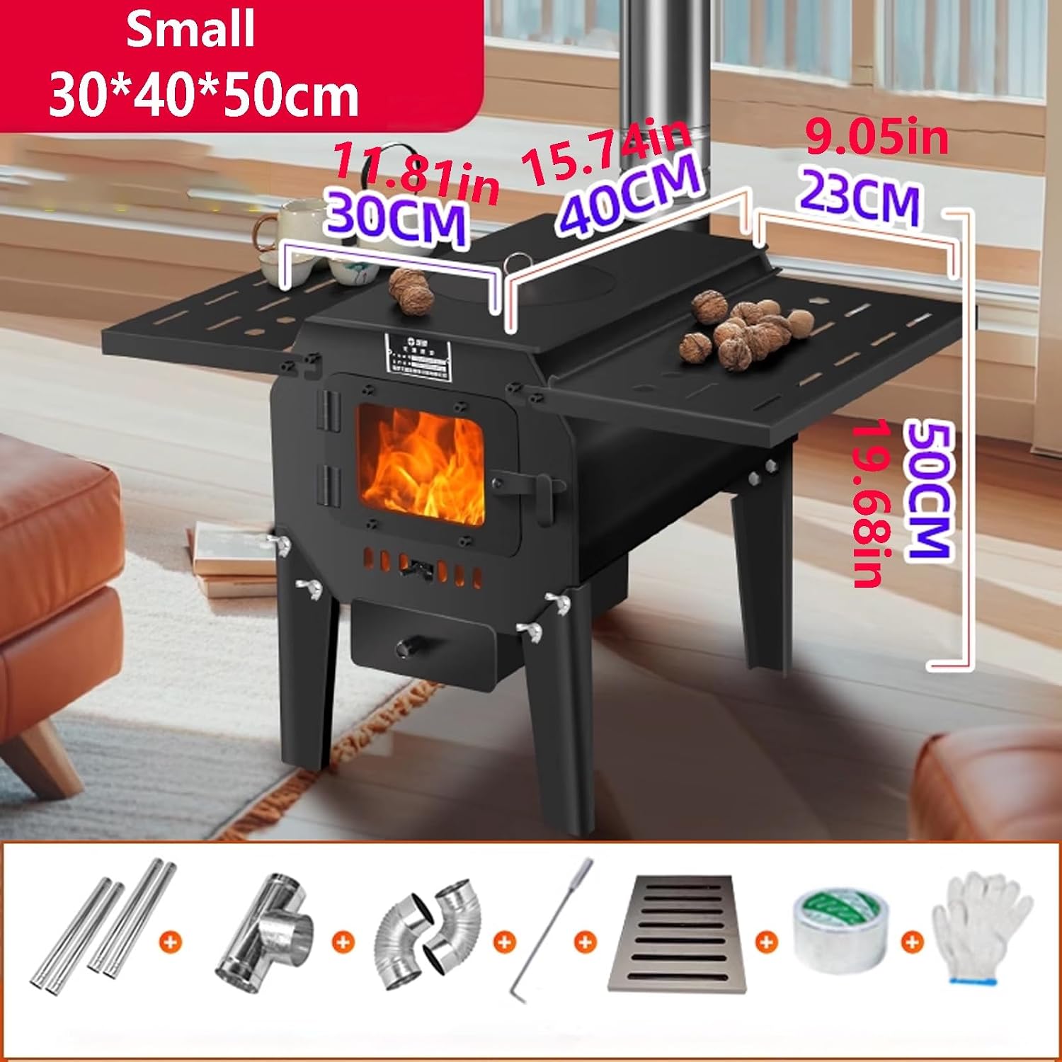 Multifunctional Heating Stove, Foldable Removable Side Shelves & Viewing Window, Burns Wood & Coal For Home Heating & Outdoor Camping Grilling(30 * 40 * 50cm)