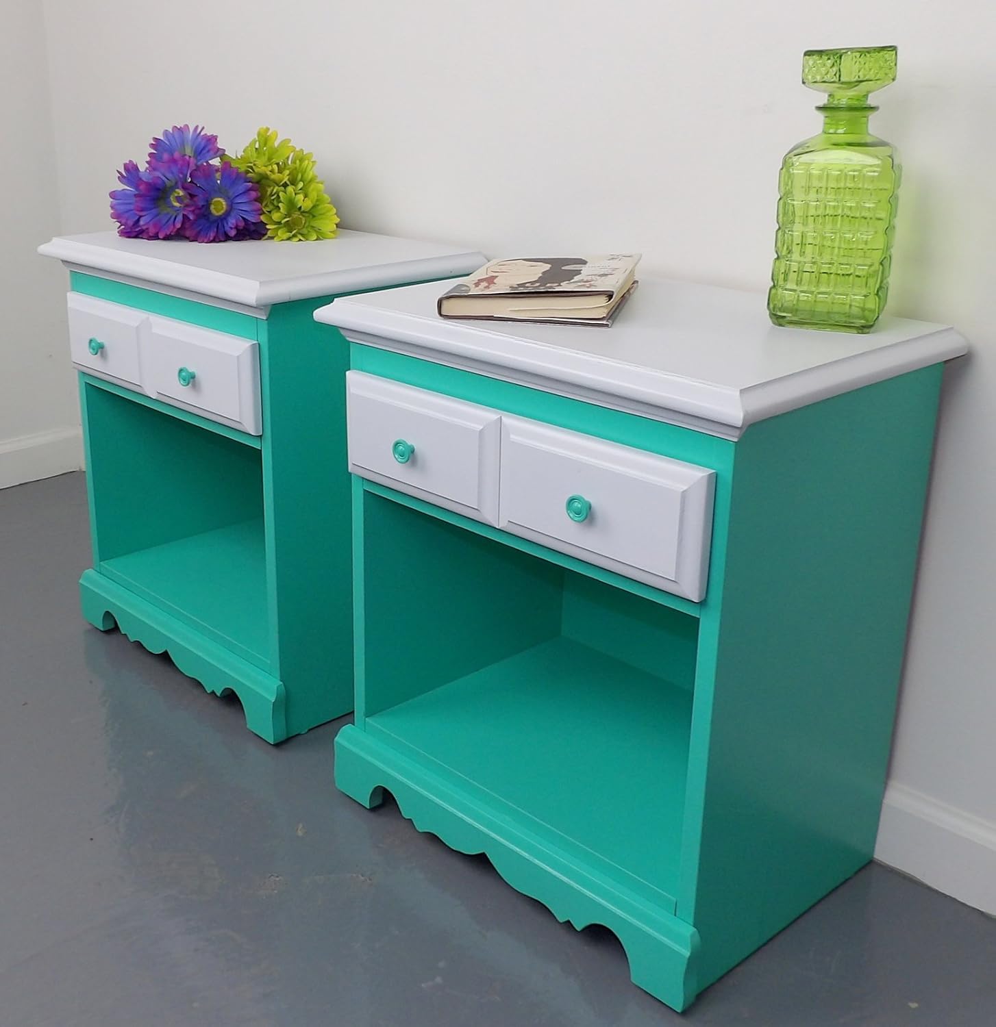 Green White End Tables Mid Century Nightstands Handmade