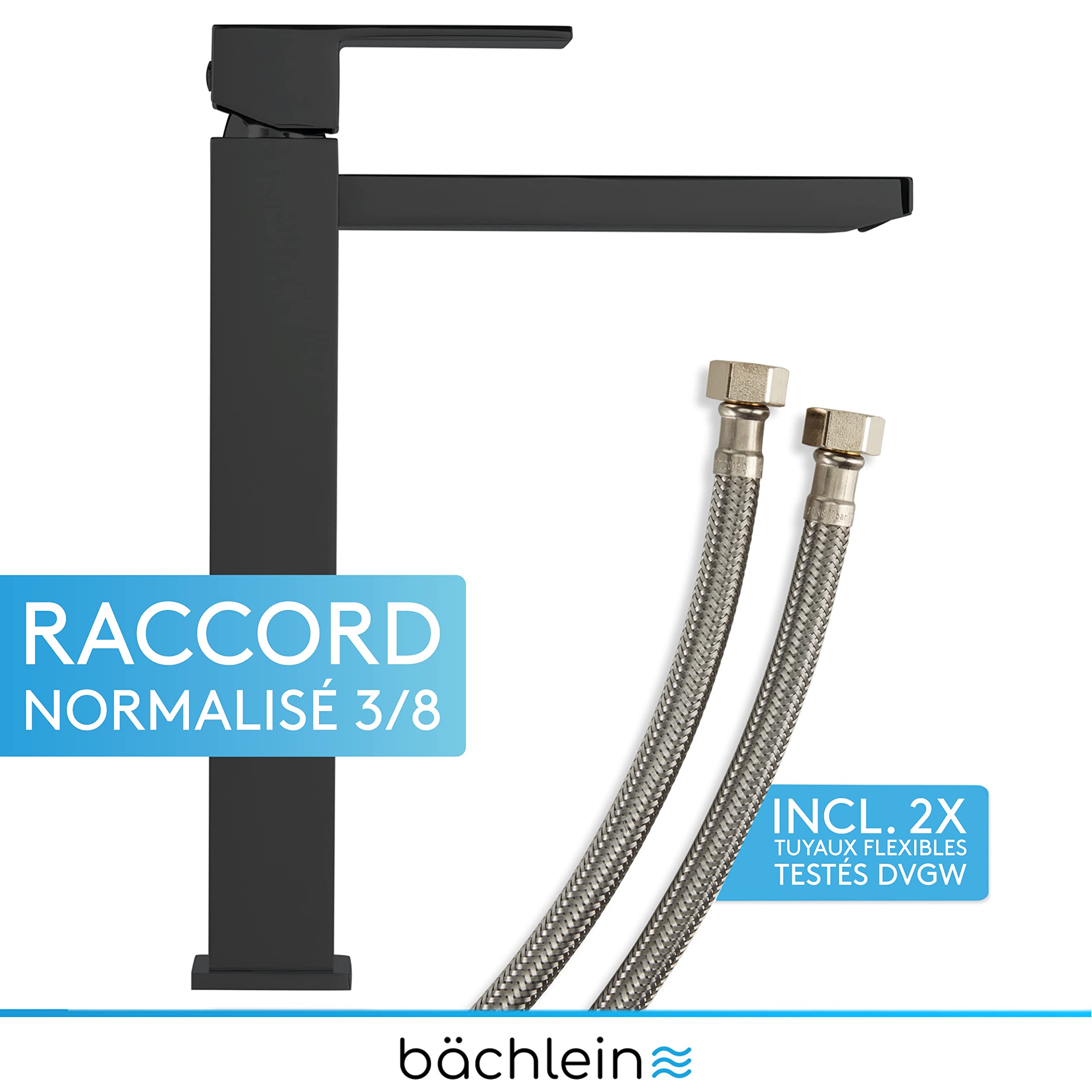 Bächlein Robinet pour Salle de Bain [Anguleux - Noir Mat] - Robinet Extra Haut avec Hauteur de Bec de 215mm Pour Lavabos á Poser, Robinetterie de Lavabo Haut Bec