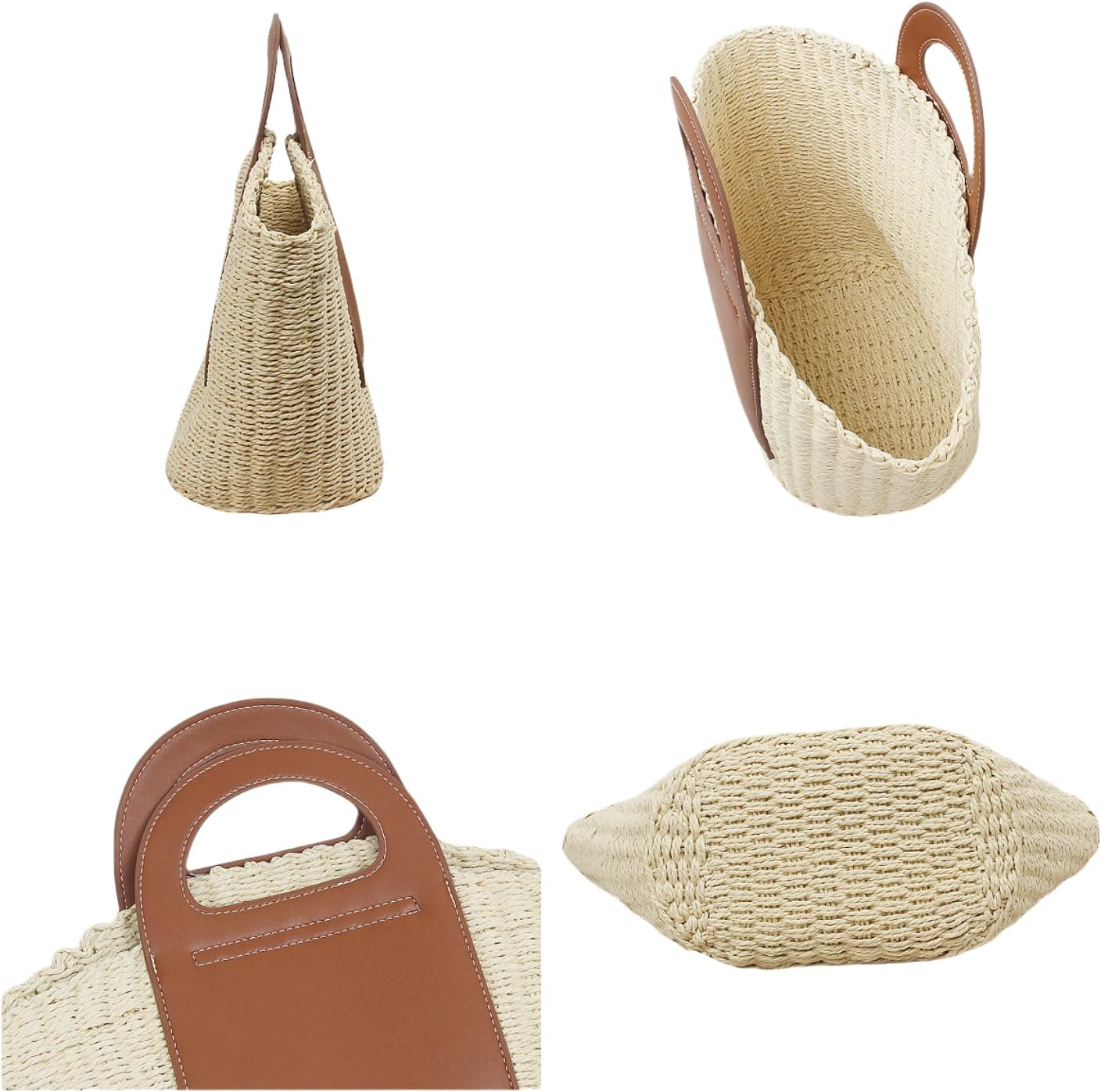 Women's Summer Straw Handbag Hollow Weaving Top Leather Handle Hand Carry Rattan Beach Bag Vacation vasertile chic