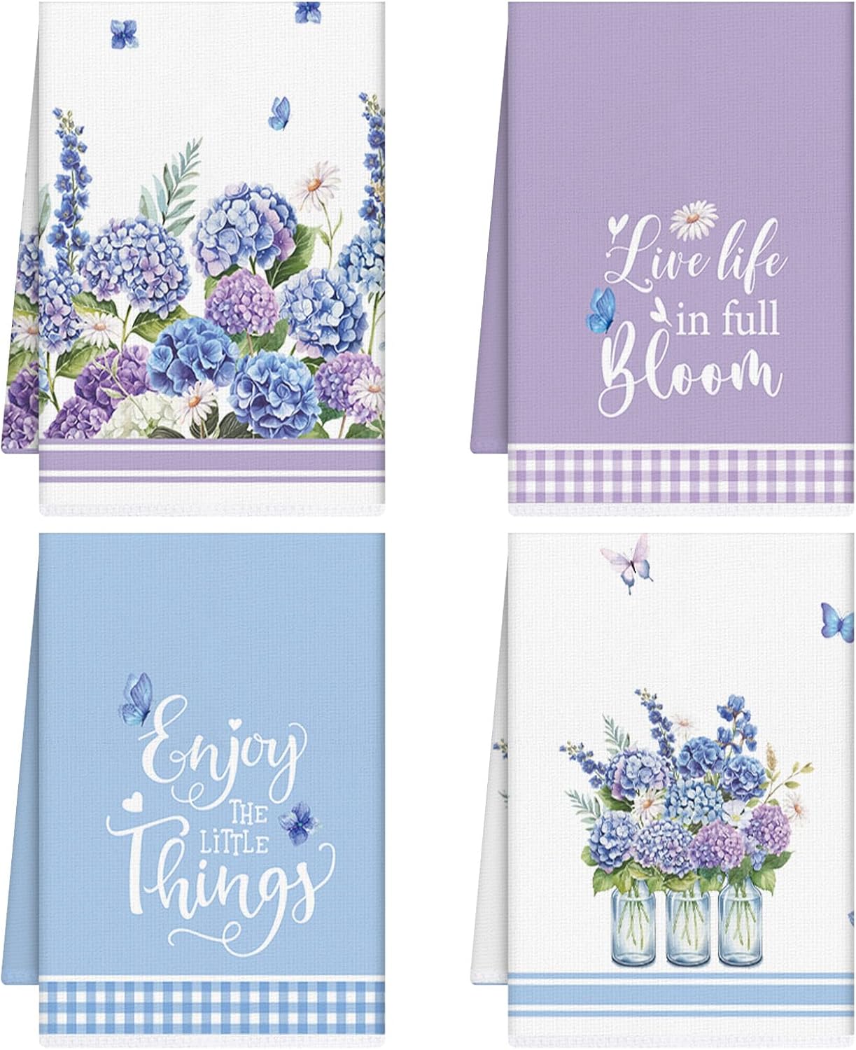 Purple Hydrangea Floral Kitchen Towels Set of 4, Spring Flowers Dish Towels, Microfiber Hydrangea Vase Butterfly Hand Towel Decor for Kitchen Bathroom Tea Holiday Home Decoration Housewarming Gifts