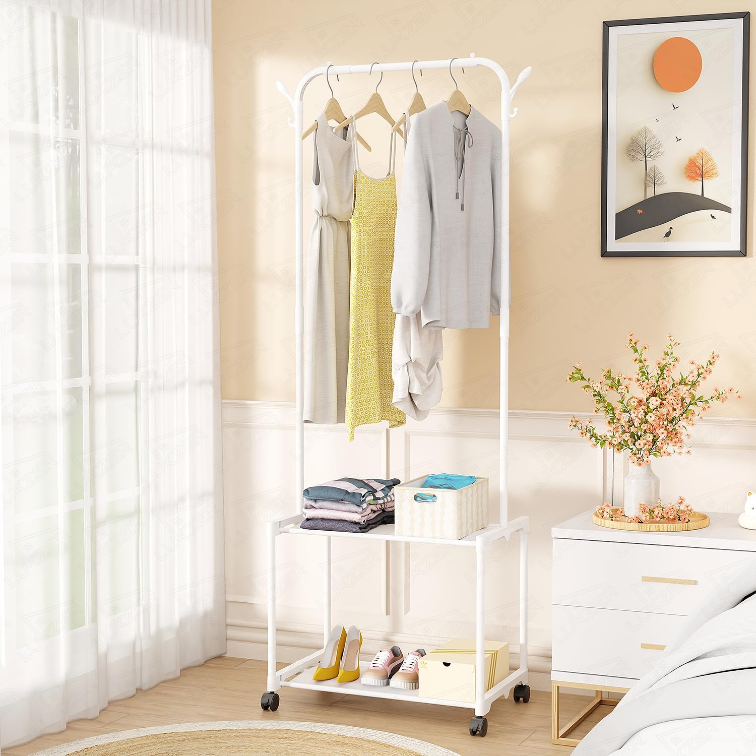 Lukzer Metal Garment Stand/Cloth Stand with 2 Bottom Stylish Design Shelves Multipurpose Display Standing Rack Unit (White/145 x 35 x 54 cm) CH-004