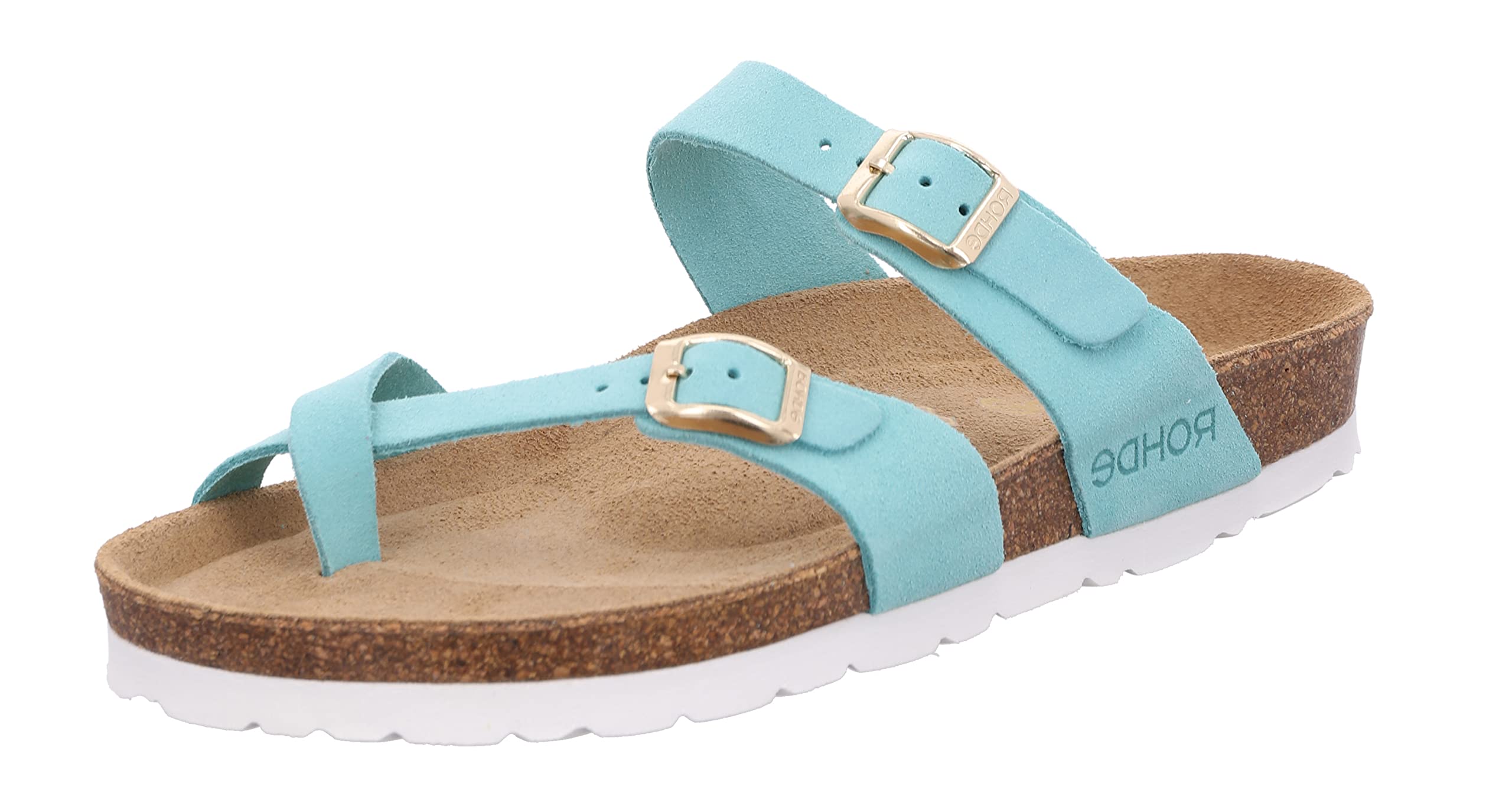 Rohde Damen Zehentrenner Pantolette Leder Schnalle Kork Fußbett Alba 5573, Größe:42 EU, Farbe:Türkis