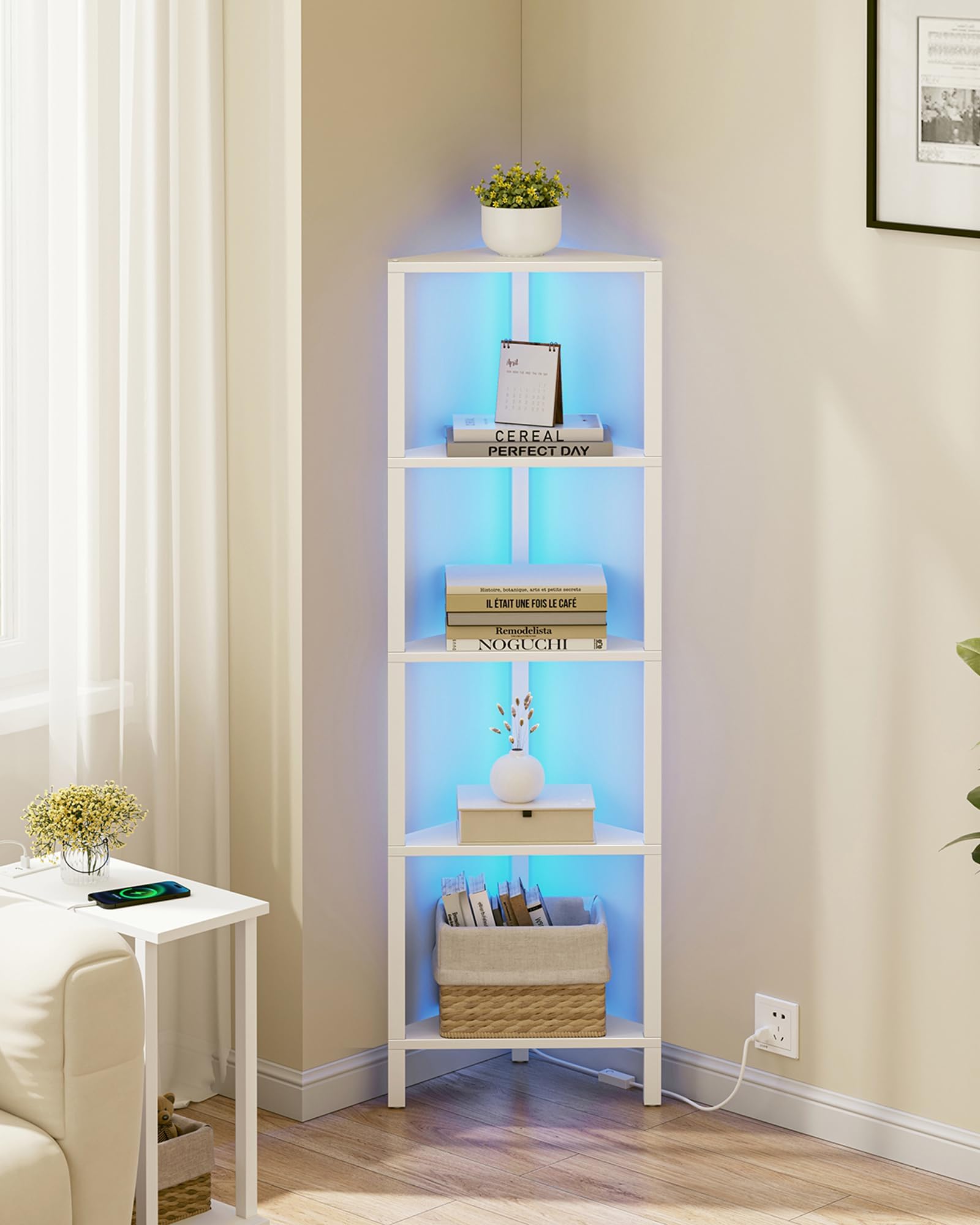 TUTOTAK Corner Shelf with LED Light, 5-Tier Corner Bookshelf for Small Space, Narrow Display Corner Shelf Stand with Storage Rack, for Living Room, Bedroom, White BS05BW005L