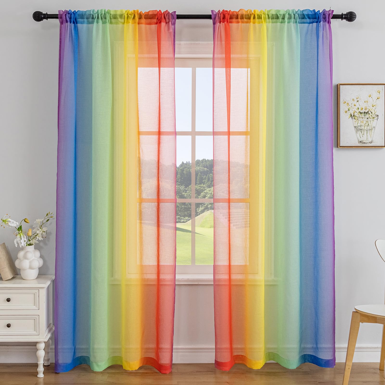 Anytime Rainbow Sheer Curtain Panels for Living Room Elegant Window Treatment Sets Light Filtering Translucent Draperies for Office (2 Panels,W52 x L84inch)