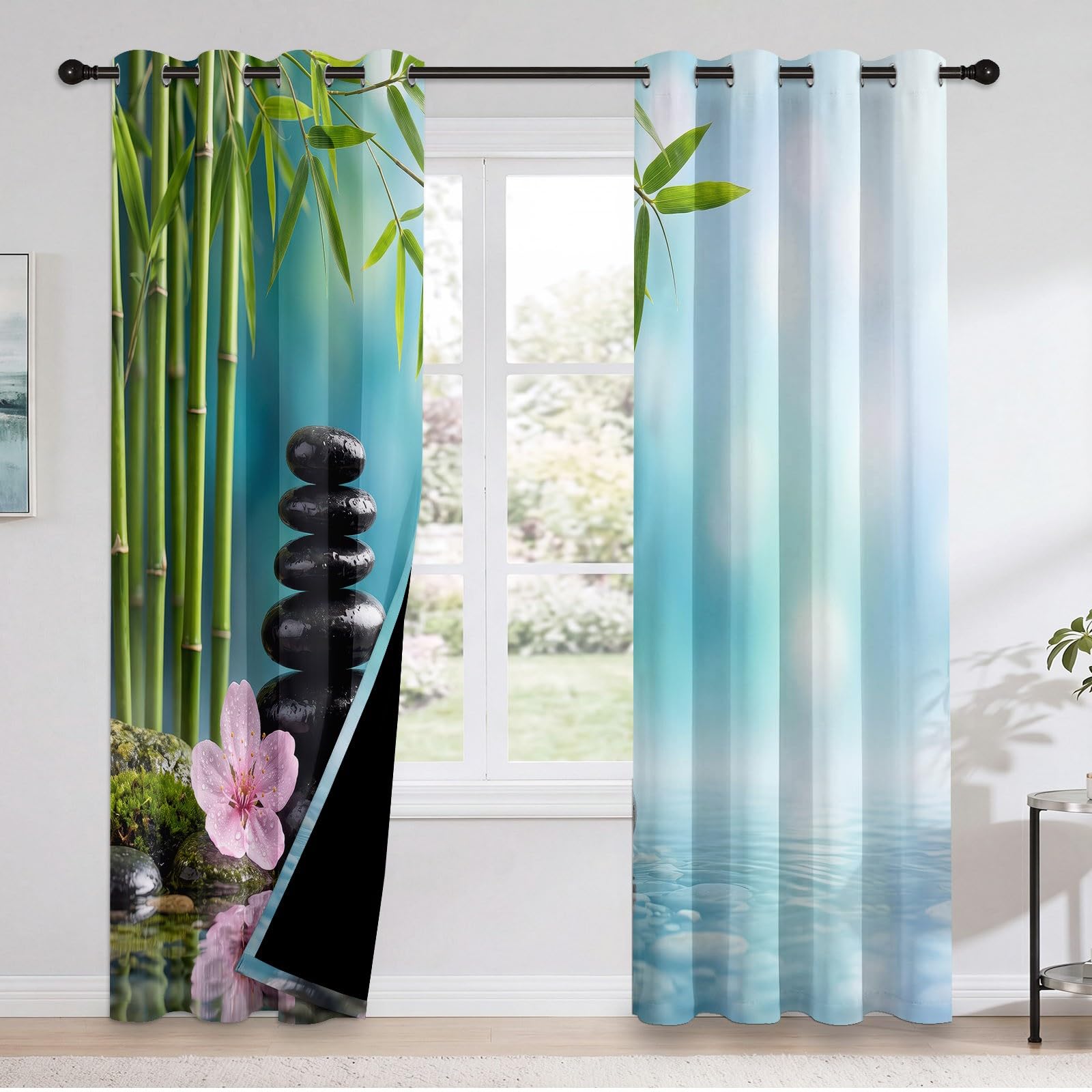 Natürlich Lässiger Stil Verdunkelungsvorhänge, H200 x B70 cm Bambus Blumen Kirschblüten Kieselsteine Wasseroberfläche Vorhänge Ösen 2er Set Schlafzimmer, Blau Raumverdunkelung Vorhänge für Wohnzimmer