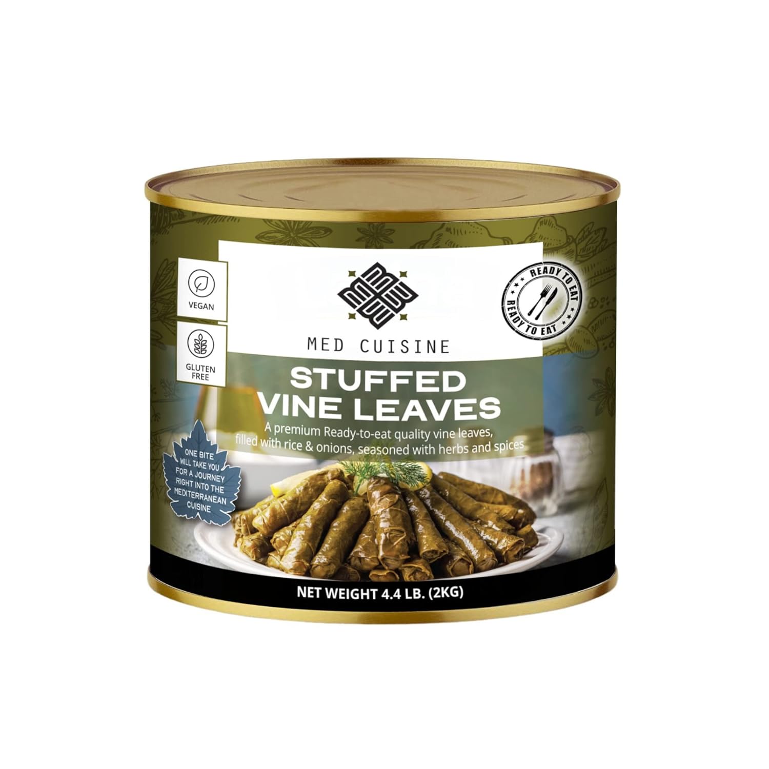 Med Cuisine Dolmades (SVL) 2KG X 6 - Stuffed Grape Leaves with Rice 4.4Lb - 60 units X 6 | Premium, Large (70 oz), Ready to Eat Vegan Rolls, Super Tasty