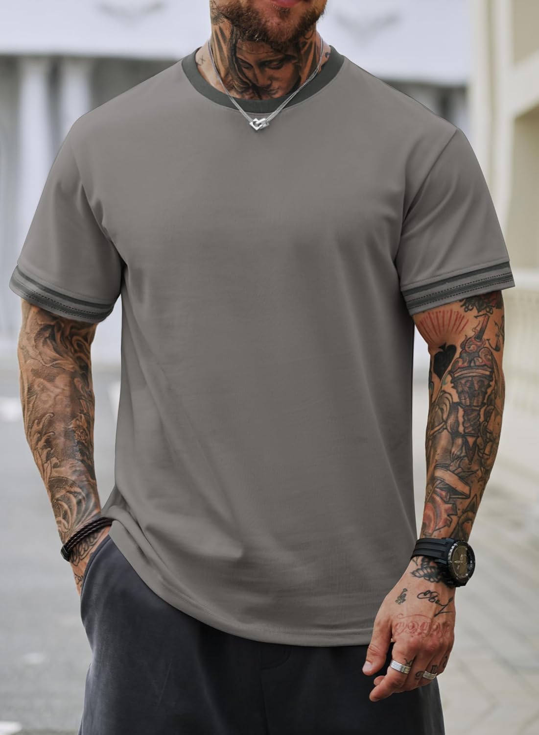 Mens Ringer Tshirt Casual Heavyweight Summer Crewneck Short Sleeve Shirts (S-XXL) - Image 4