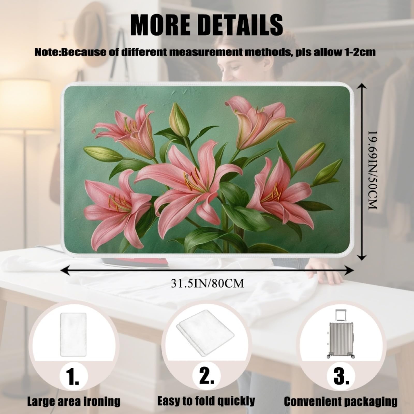 Bügelmatte Grüne Rosa Blume Bügeleinlage Faltbares Hitzebeständig Waschbar Bügelauflage für Tisch und andere Oberflächen Bügelbrett Unterlage rutschfeste Bügeldecke 80x50cm (2 Stück)