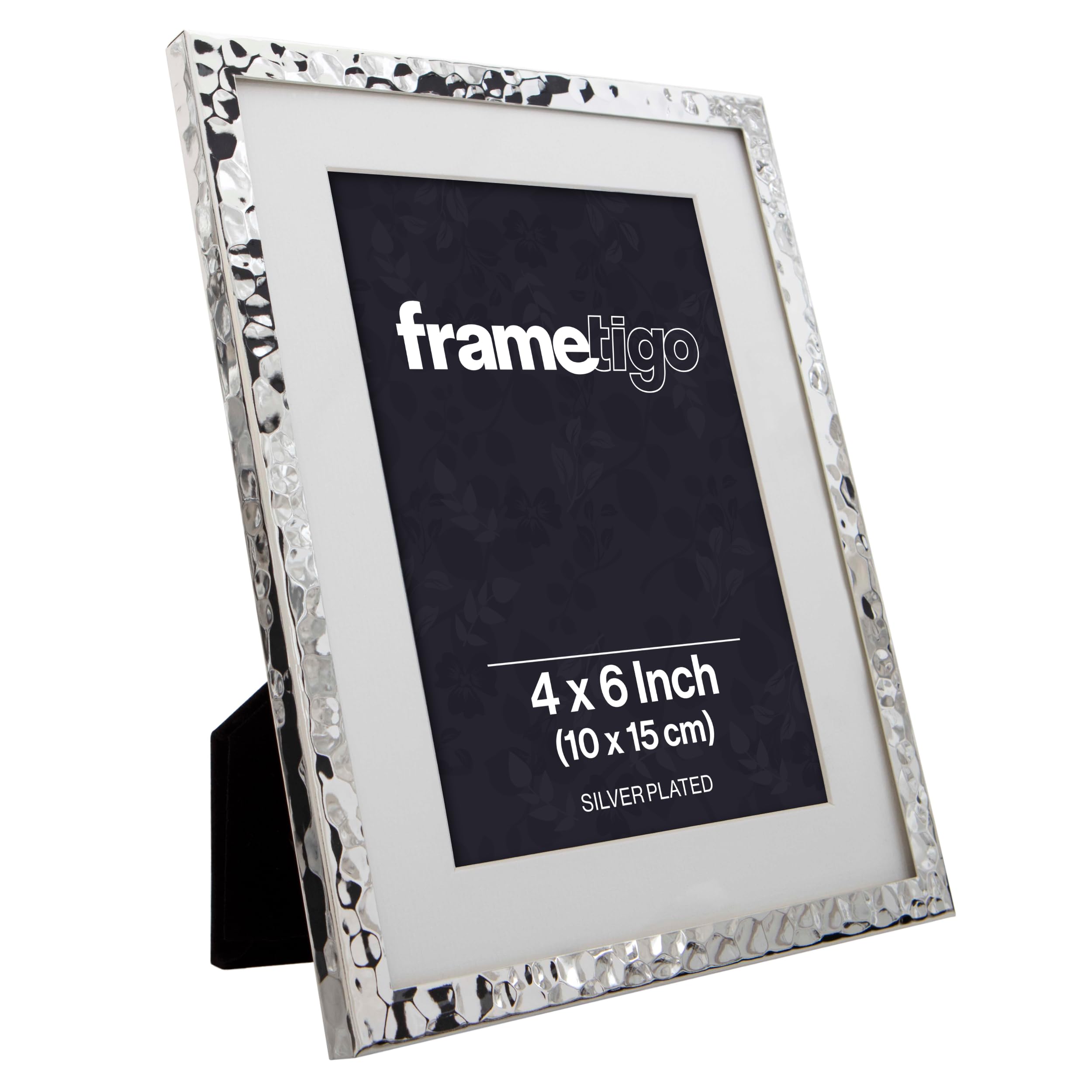 Frametigo - Silver Plated Hammered Mounted Photo Frame, 4"x6" (10x15cm) Photo Size - Velvet Frame Backing & Stand - Real Glass Window - Tarnish Resistant - Landscape or Portrait Orientation