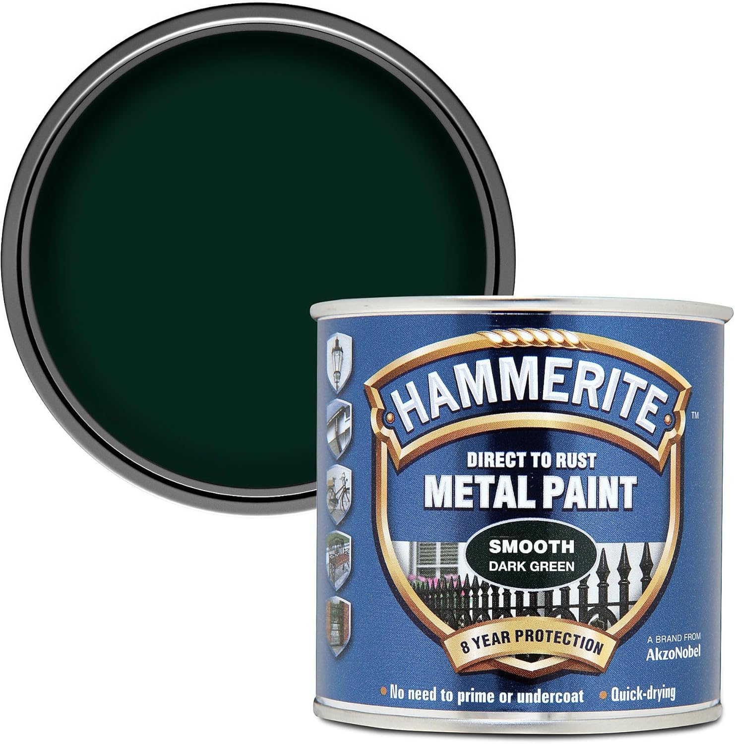 Hammerite Direct to Rust Metal Paint | Quick Drying | No Primer or Undercoat Needed | Up to 8 Years Rust Protection | Smooth Dark Green | 250ml