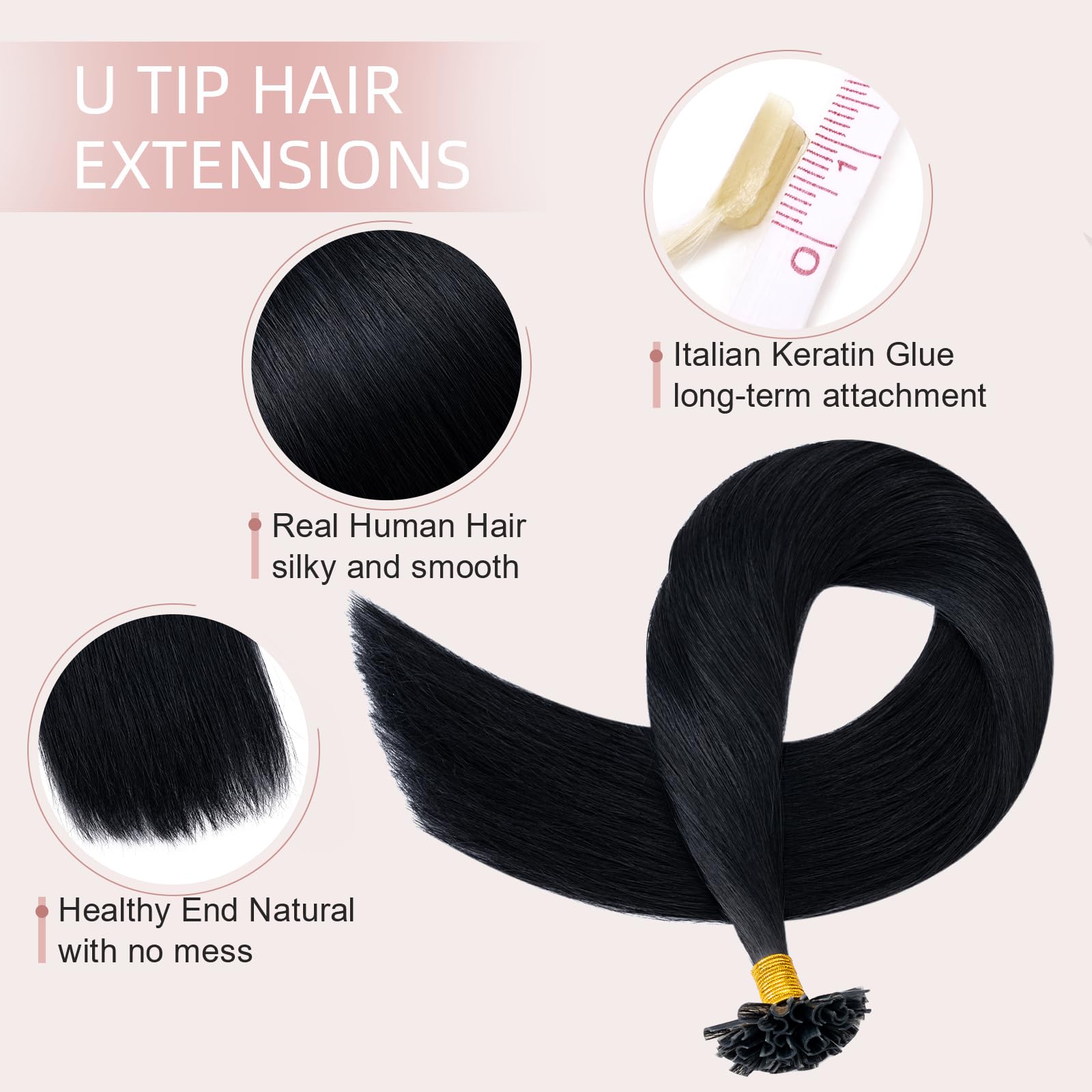 Silk-co U Tip Pre Bonded Hair Extensions Strands Keratin Nail Tip Straight Human Hair Extensions U tip Real Remy Hair 100 Strands Keratin Nail Til 22"-100g #01 Jet Black - Image 3