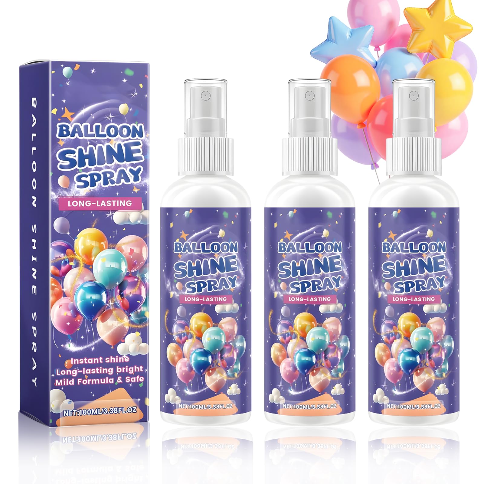 Linxins Multicolor 3 Pcs Balloon Shine Spray,Lasting And Shine Quick Drying For Latex Balloons Ideal For Balloon Décor Party Event (100Ml/Bottle)