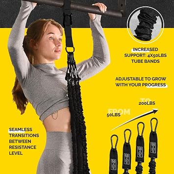 Pull Up Assist Bands Set, 4 Heavy Duty Pull Up Bands Adjustable Height Strap and Comfortable Foot Strap, Stackable Resistance Bands for Pull Up