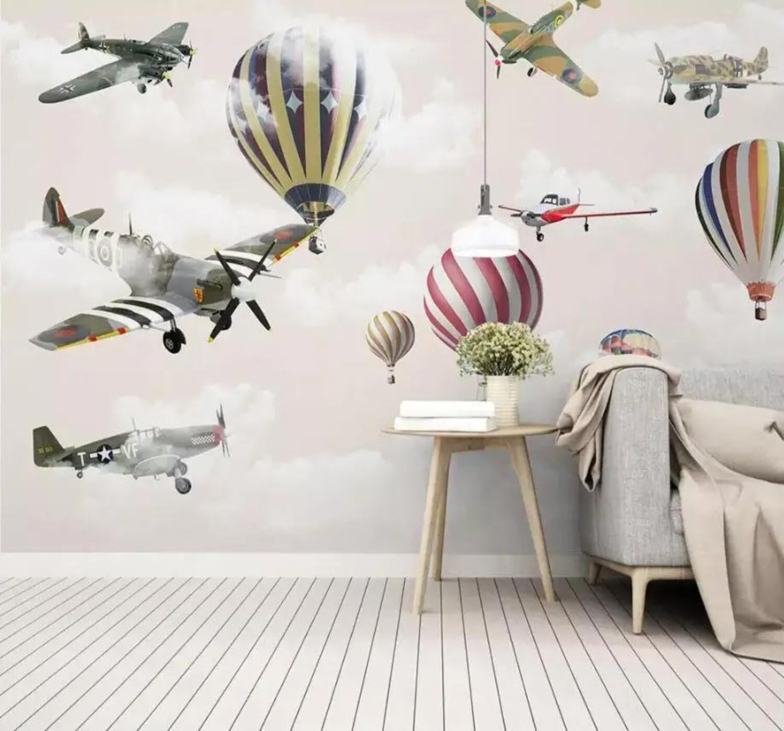 Tzxztt 300Cm×210Cm(B×H) Hand Drawn Cartoon Aeroplane Hot Air Balloon Sky Modern 3D Wallpaper Premium Textured Silk Neutral Tones Material Ideal For Living Room Bedroom-300Cm×210Cm