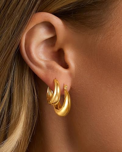 Vista 4 de Juego de 3 pares de aretes de aro gruesos de oroplata para mujer, chapados en oro de 14 quilates, delicados, hipoalergénicos, ligeros, gruesos