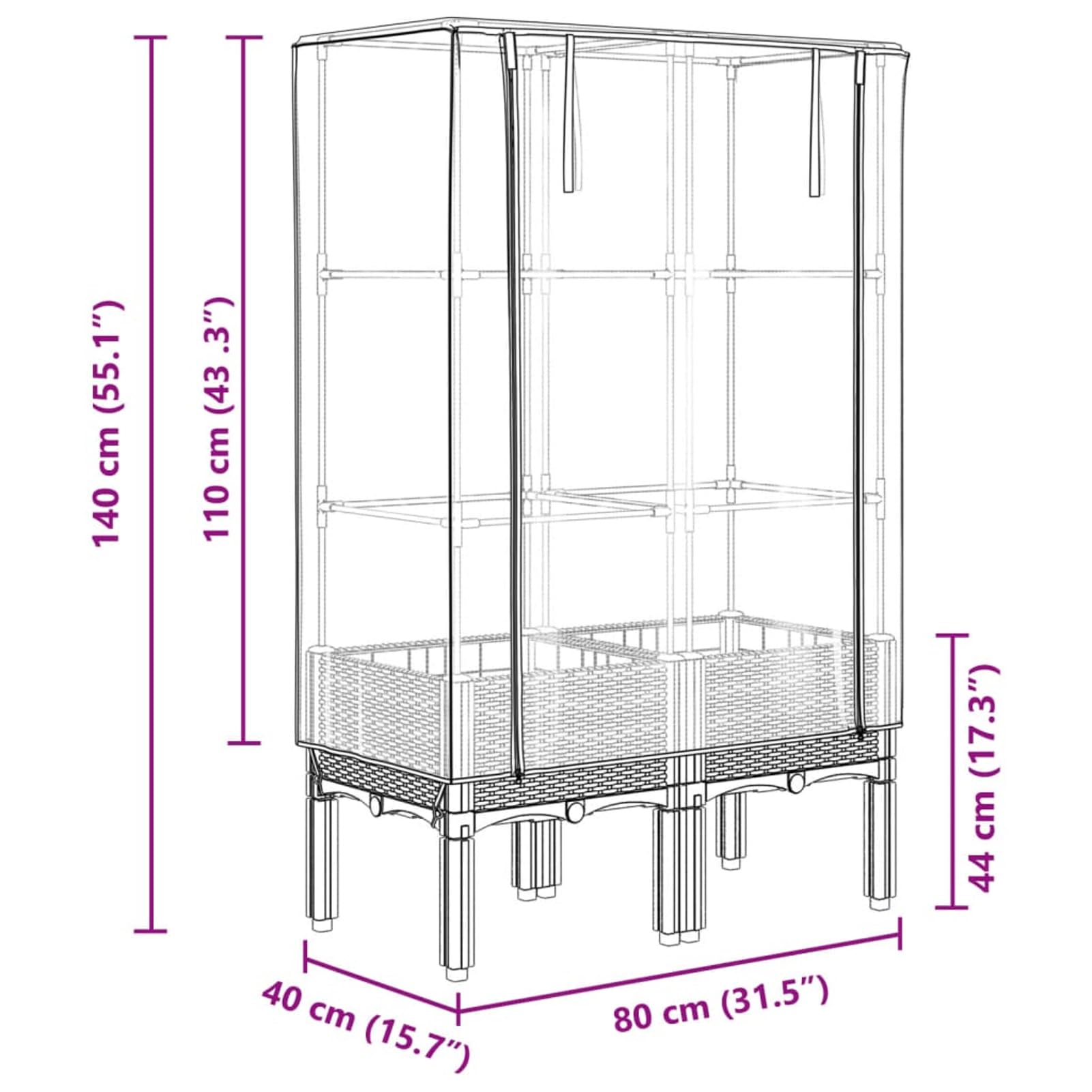 Aiuola rialzata con serra effetto rattan, telaio in polipropilene e tubo di ferro, 80 x 40 x 140 cm, per verdure, erbe e fiori in giardino, balcone o cortile