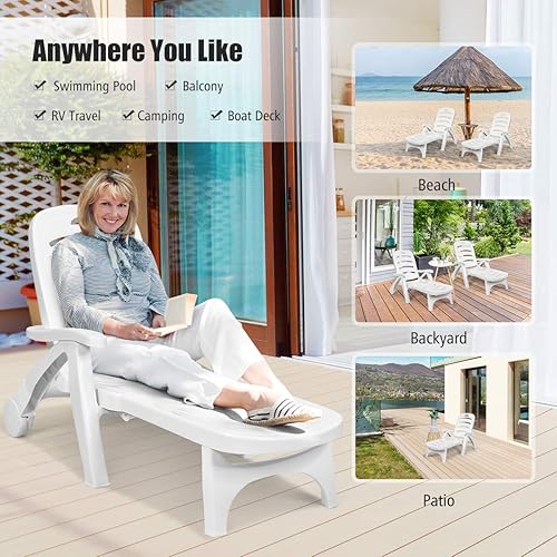 Miniatura 7 de Giantex Sillón plegable para exteriores con ruedas, 5 posiciones de respaldo ajustables, tumbona reclinable ligera adecuada para patio, patio