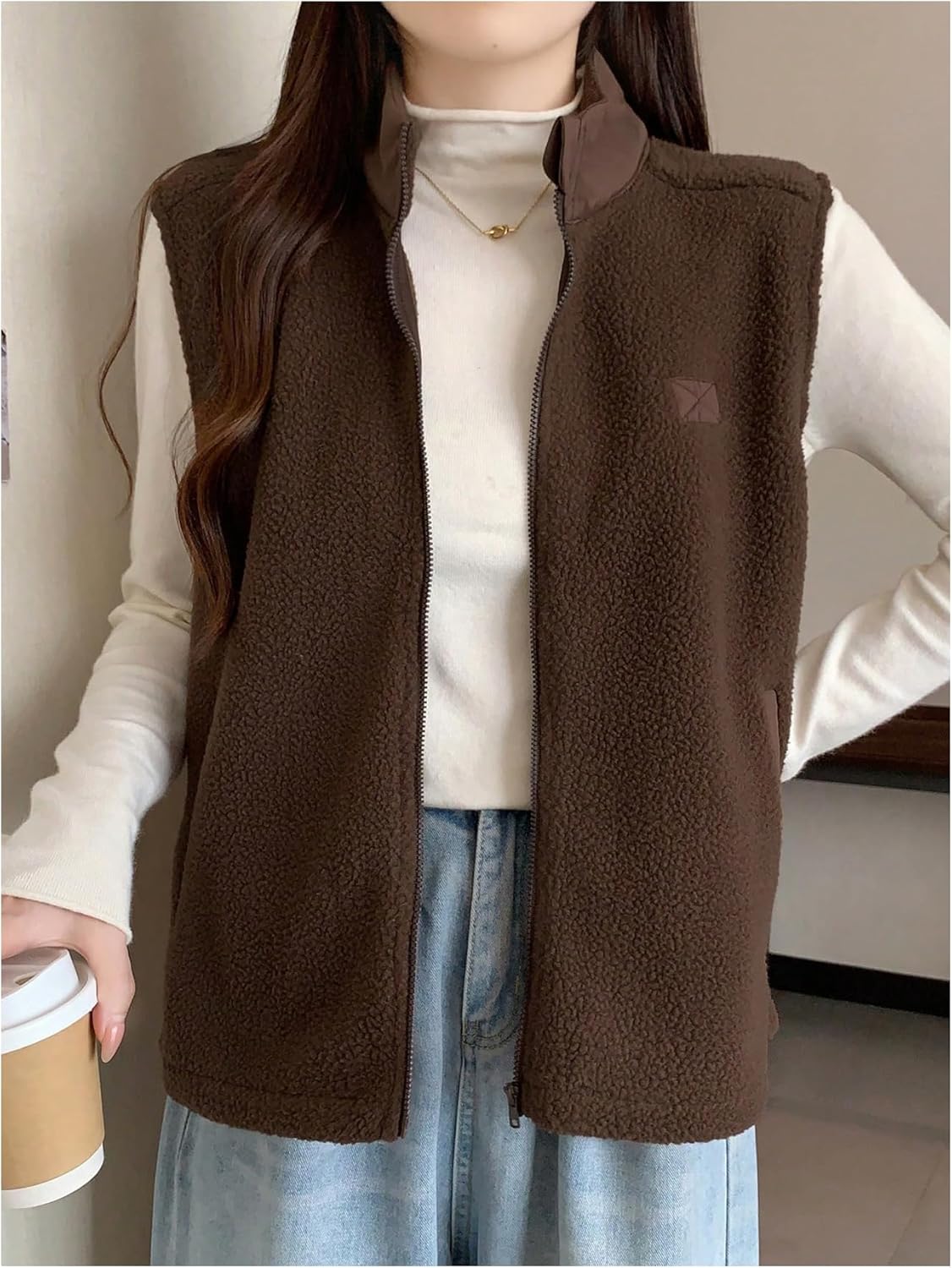 Women's Fleece Mock Neck Vest Zip Up Sleeveless Tops Jackets Fall Clothes - Image 4