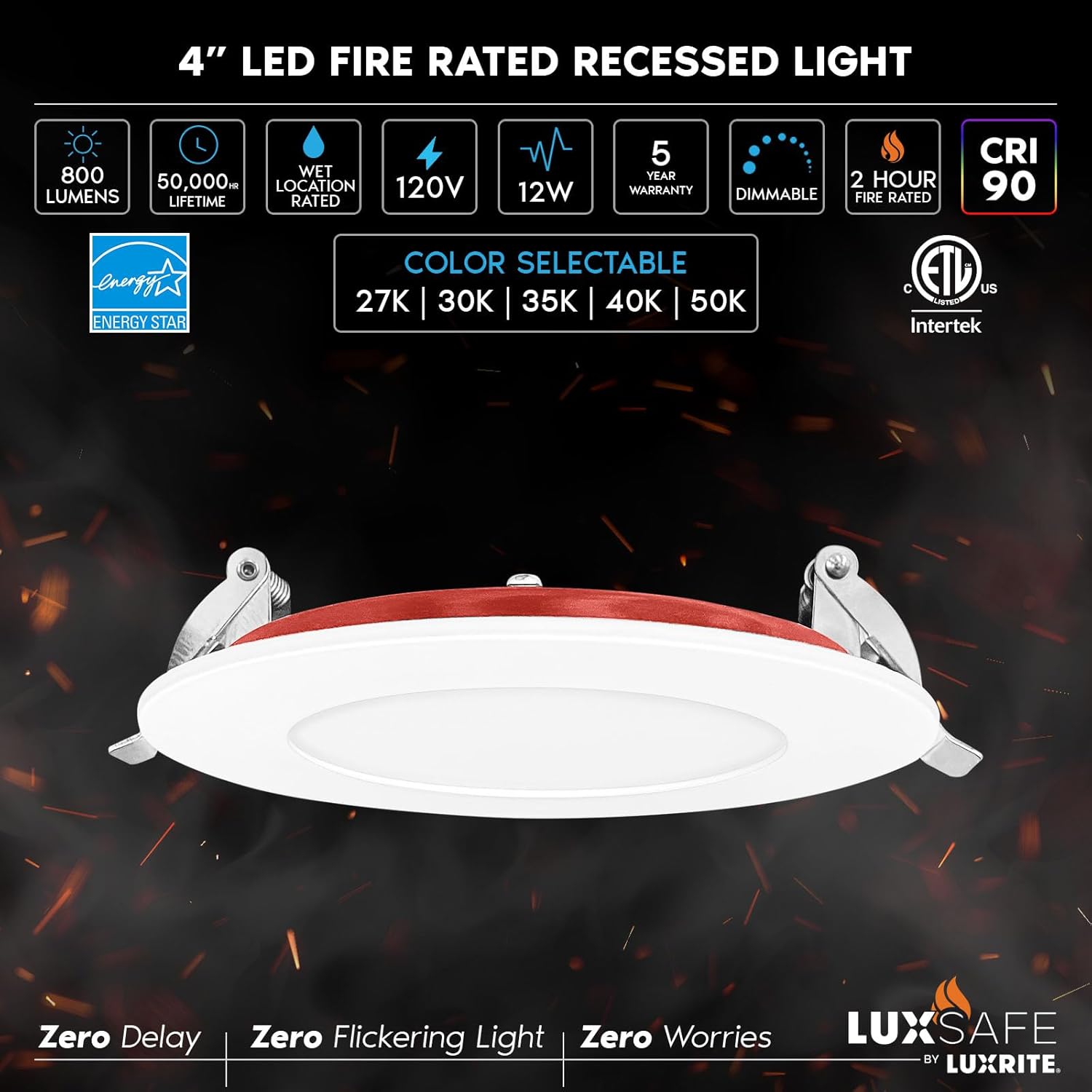 LUXRITE 6-Pack 4 Inch Ultra Thin LED Fire Rated Recessed Lights, 5CCT 2700K/3000K/3500K/4000K/5000K, 2 Hour Fire Rating, 800 Lumens, Dimmable Wafer Lights, IC Rated, Wet Rated, ETL, No Tenmat Needed